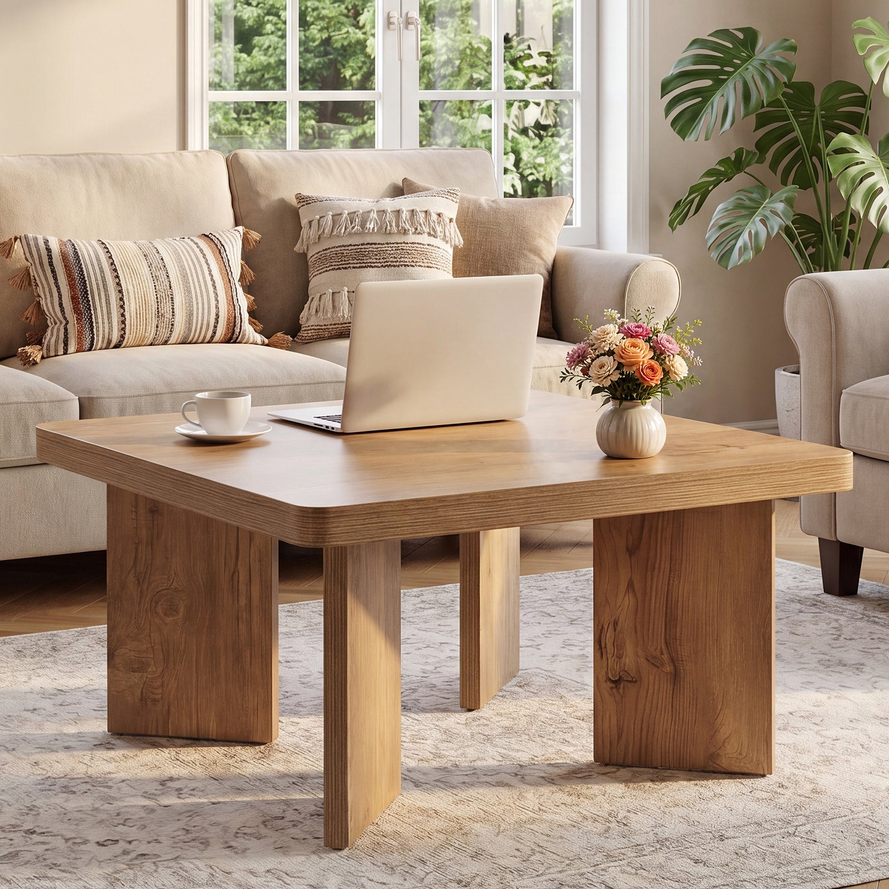 Tribesigns Table Basse en Bois 80 cm, Petite Table d’Appoint Rustique à Pieds Robustes