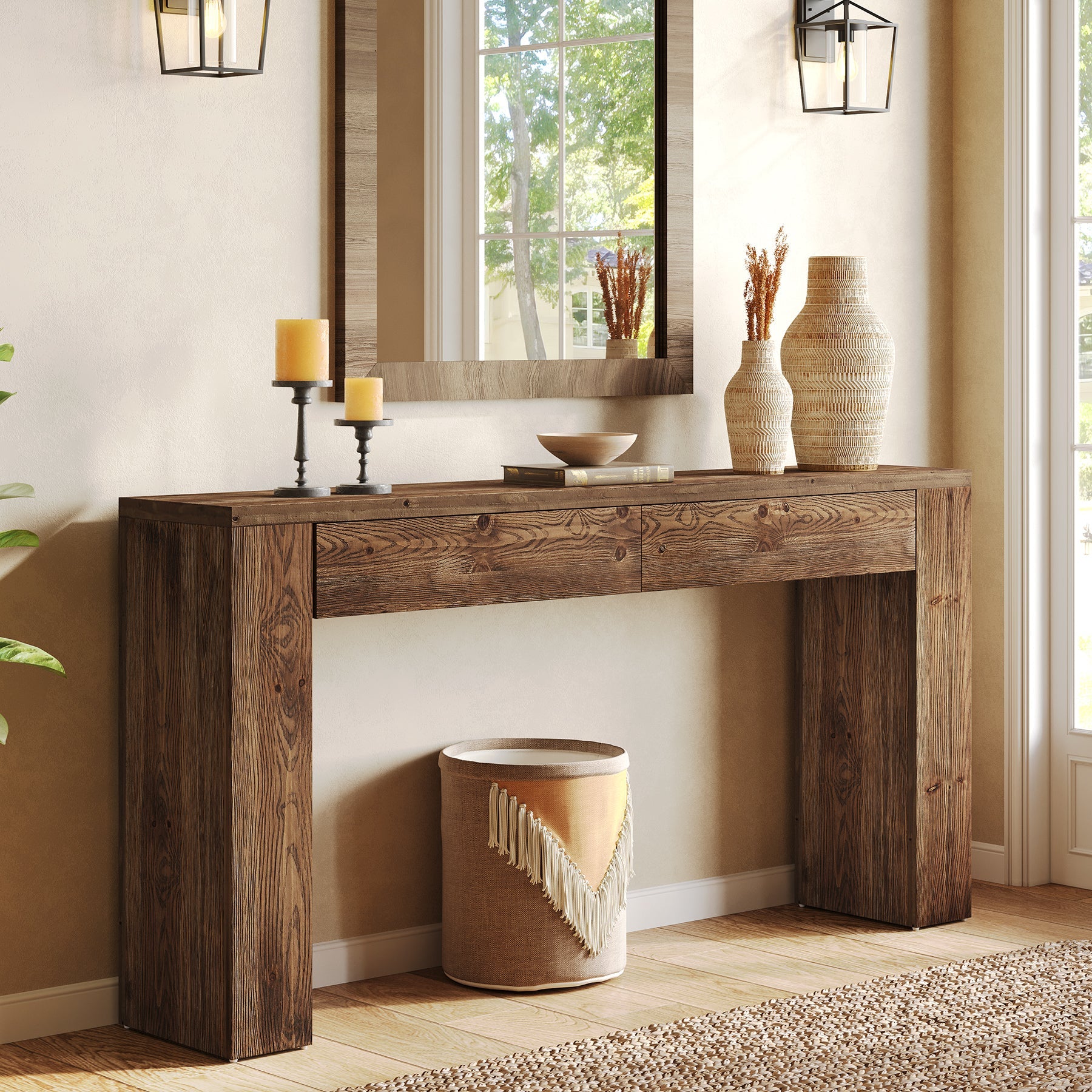 Tribesigns Console 160 cm en Bois Massif avec Tiroirs, Table Derrière Canapé