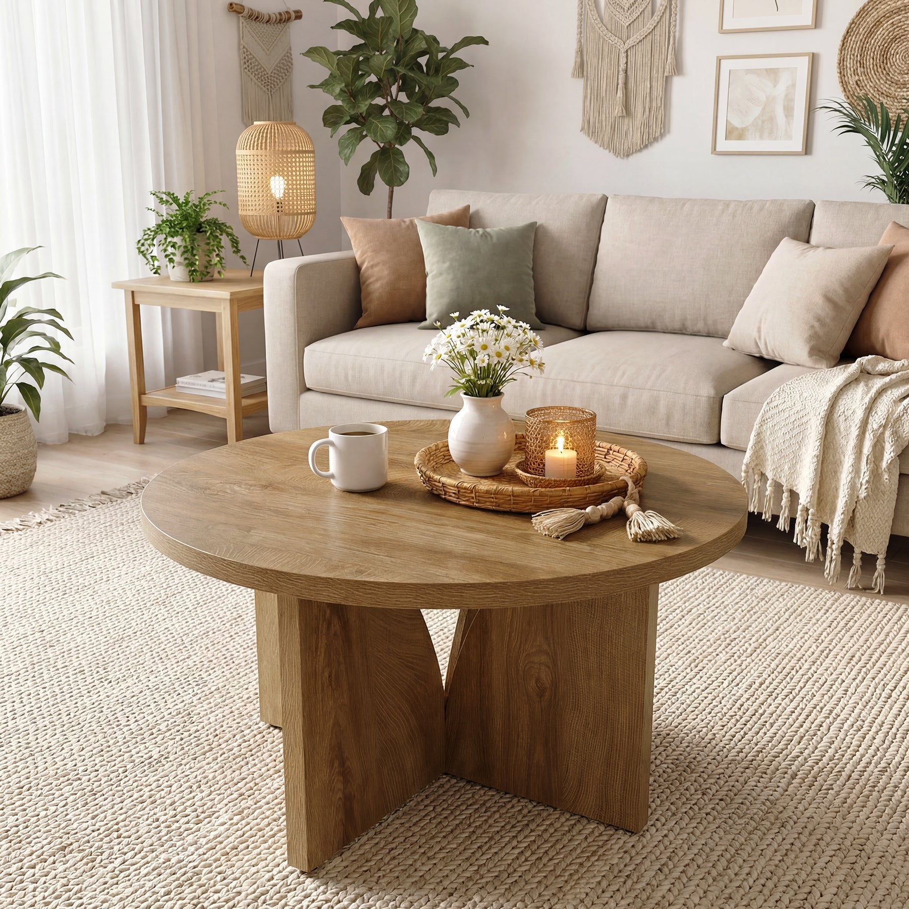 Table basse ronde de 80 cm, Table de salon moderne marron pour petits espaces