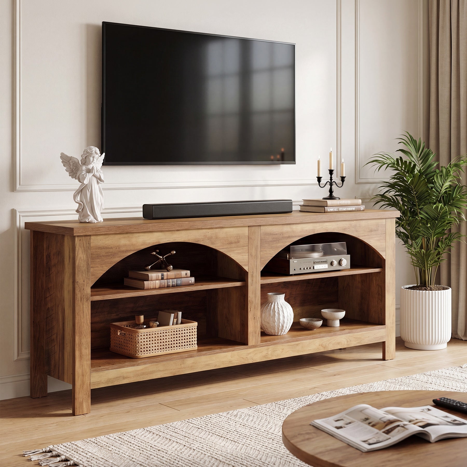 Tribesigns Meuble TV 160 cm, Meuble Multimédia Style Campagne avec Rangement à 2 Niveaux