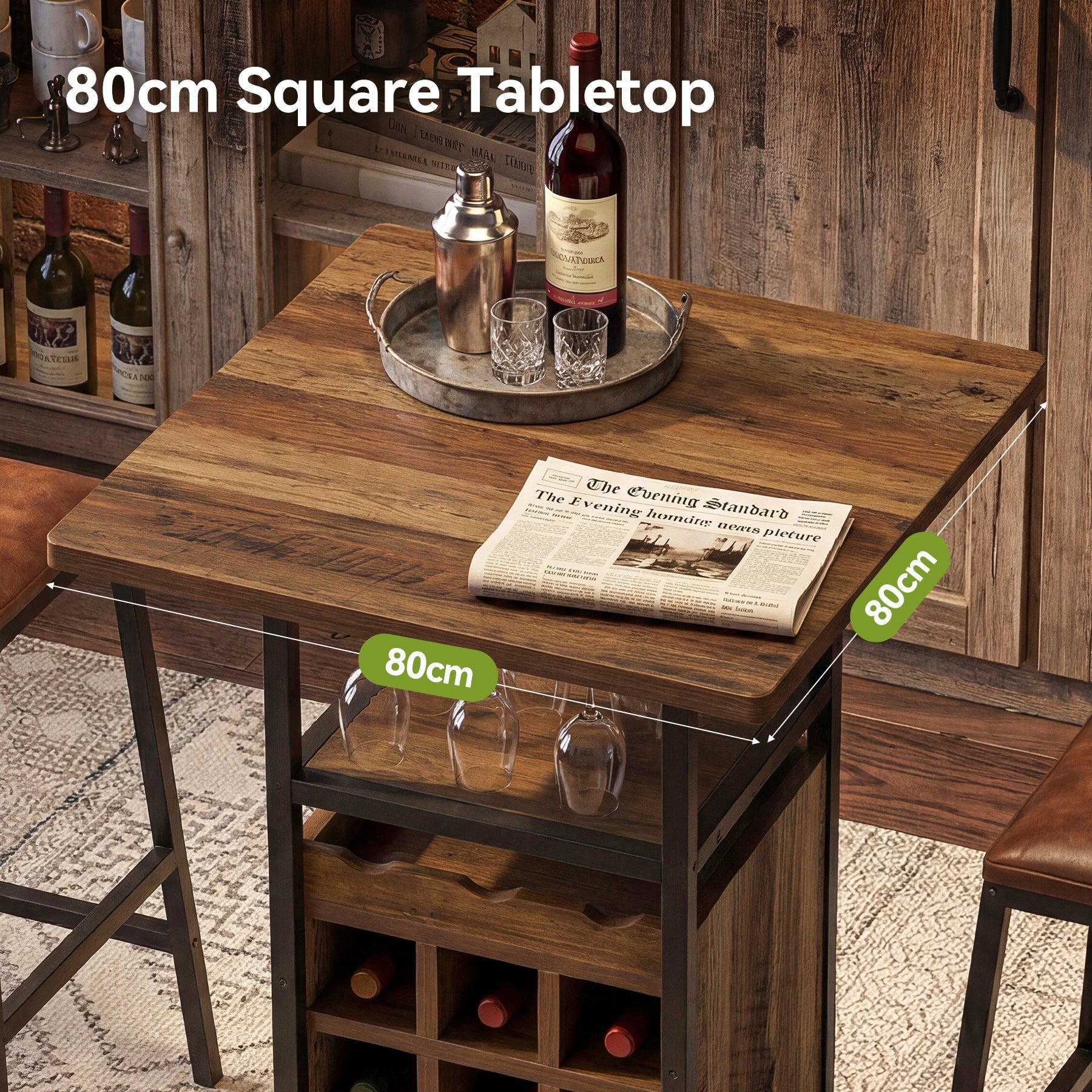Tribesigns Bartafel 95 cm met opbergruimte, Smalle bistrotafel met schappen, wijnrek en glazenhouder