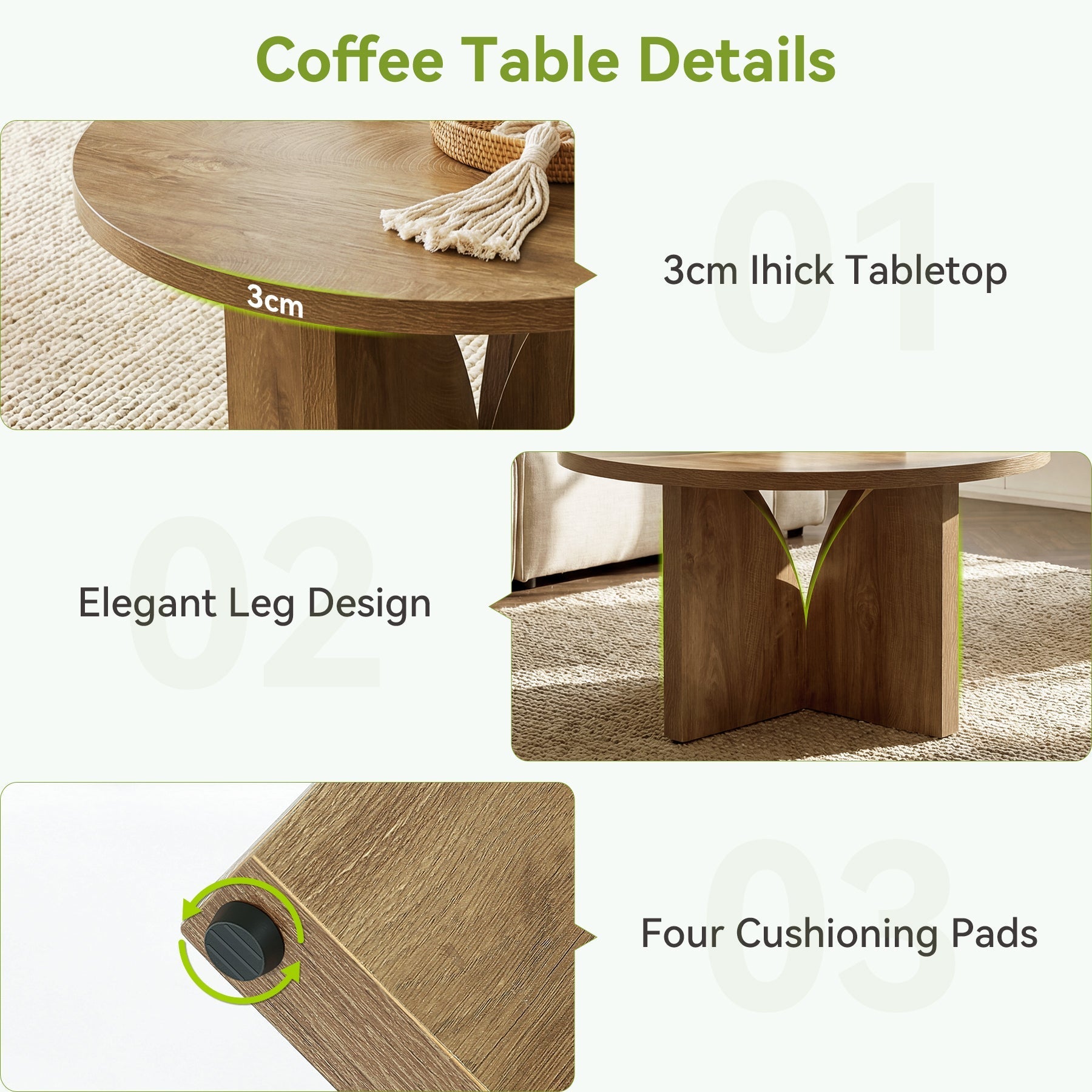 Table basse ronde de 80 cm, Table de salon moderne marron pour petits espaces