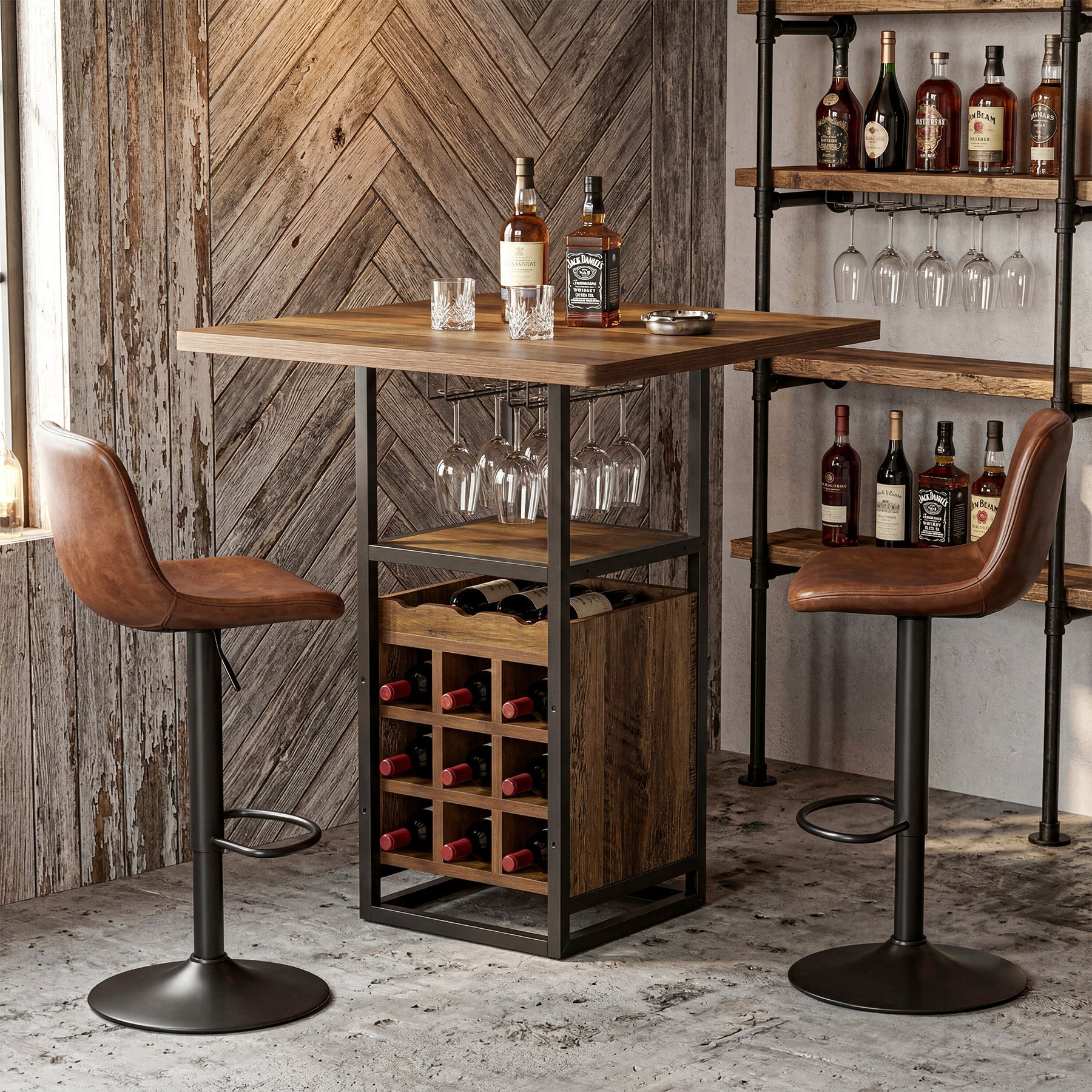 Tribesigns Bartafel 95 cm met opbergruimte, Smalle bistrotafel met schappen, wijnrek en glazenhouder