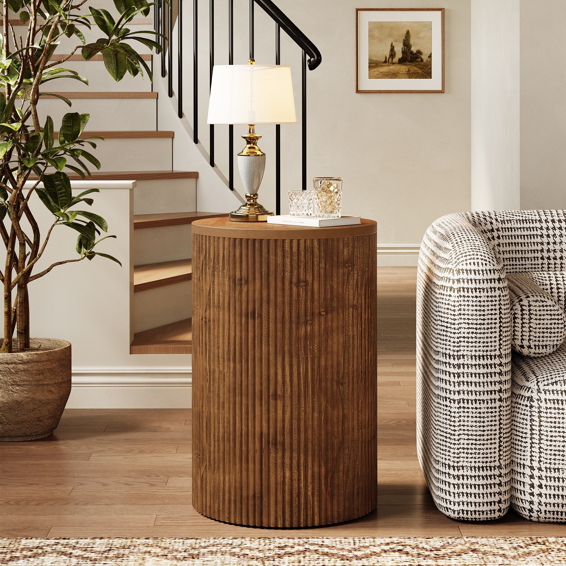 Tribesigns Table d’Appoint Ronde en Bois Massif avec Rangement et 4 Roulettes