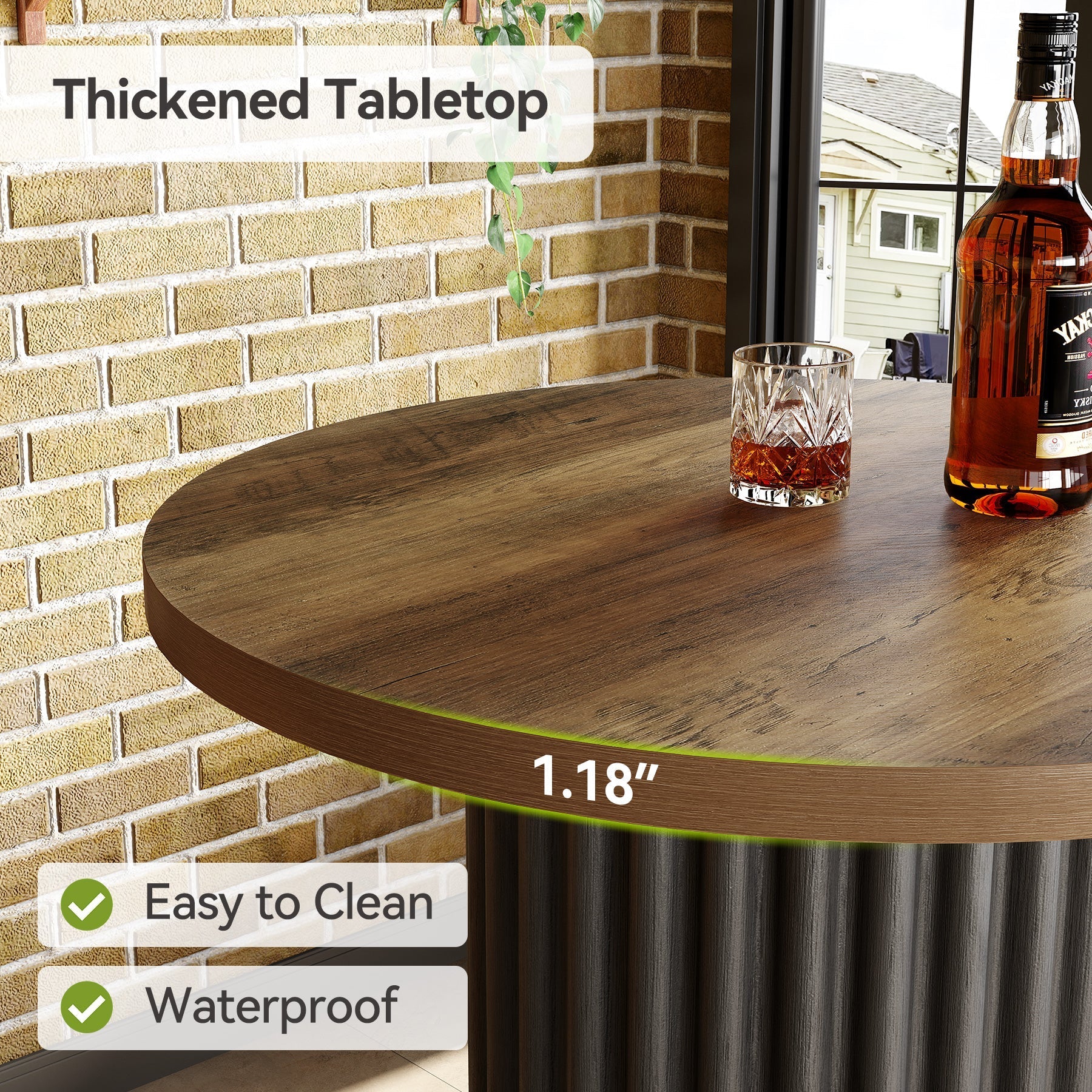 Table haute ronde (hauteur 100 cm), Table de bistrot moderne en bois avec repose-pieds en métal