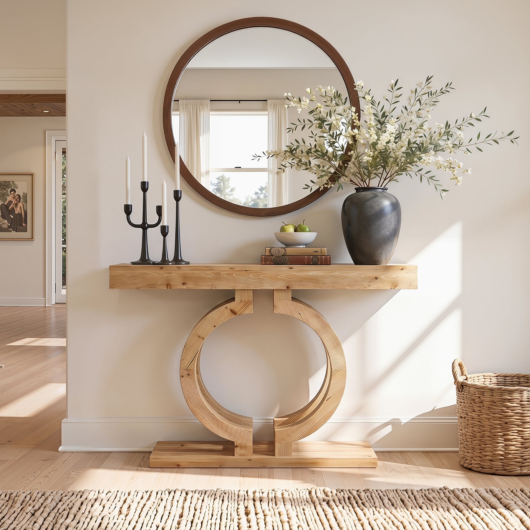 Tribesigns Console en Bois Massif 110 cm, Table de Couloir avec Base Élégante à Double Cercle