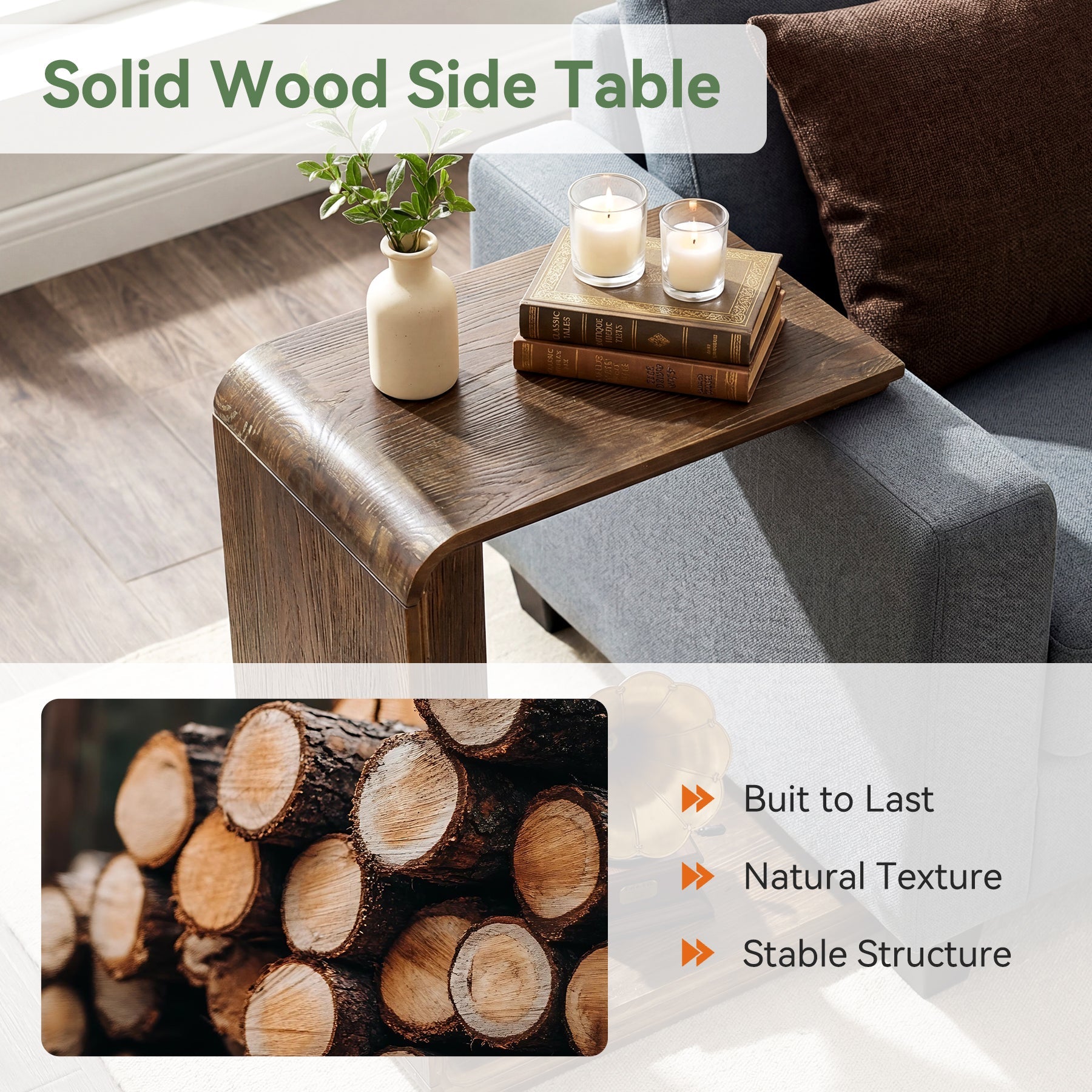 Tribesigns Table d’Appoint en C en Bois Massif, Table Étroite pour Salon
