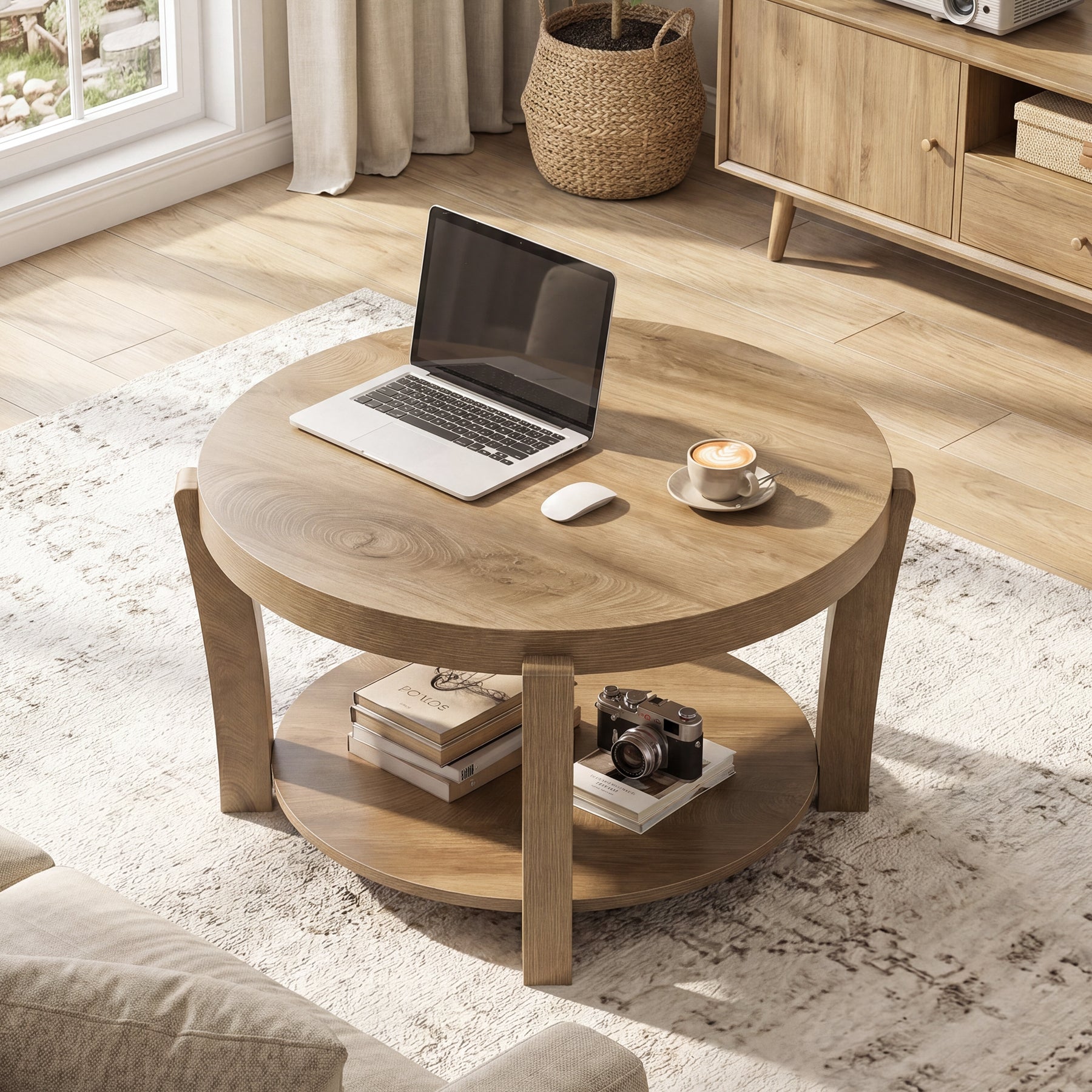 Tribesigns Table Basse Ronde de 80 cm avec Rangement à Deux Niveaux, Table en Bois pour Salon
