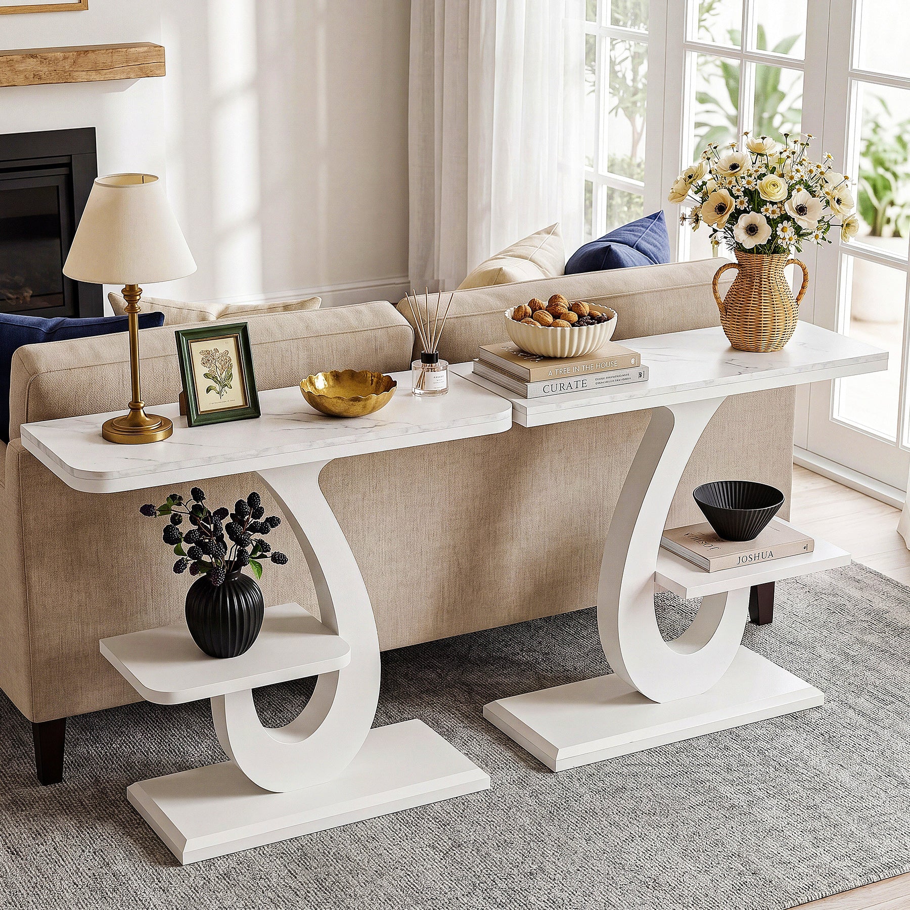 Tribesigns Console Blanche de 100 cm, Table d’Entrée Étroite Effet Marbre avec Étagère