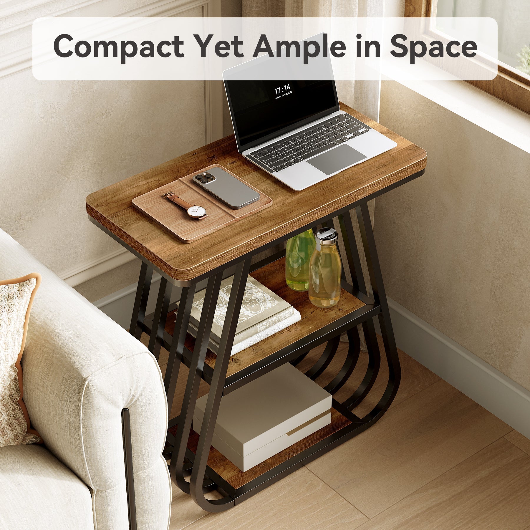 Table d'appoint à 3 niveaux, Table de chevet étroite pour petites chambres Table basse en bois de style industriel