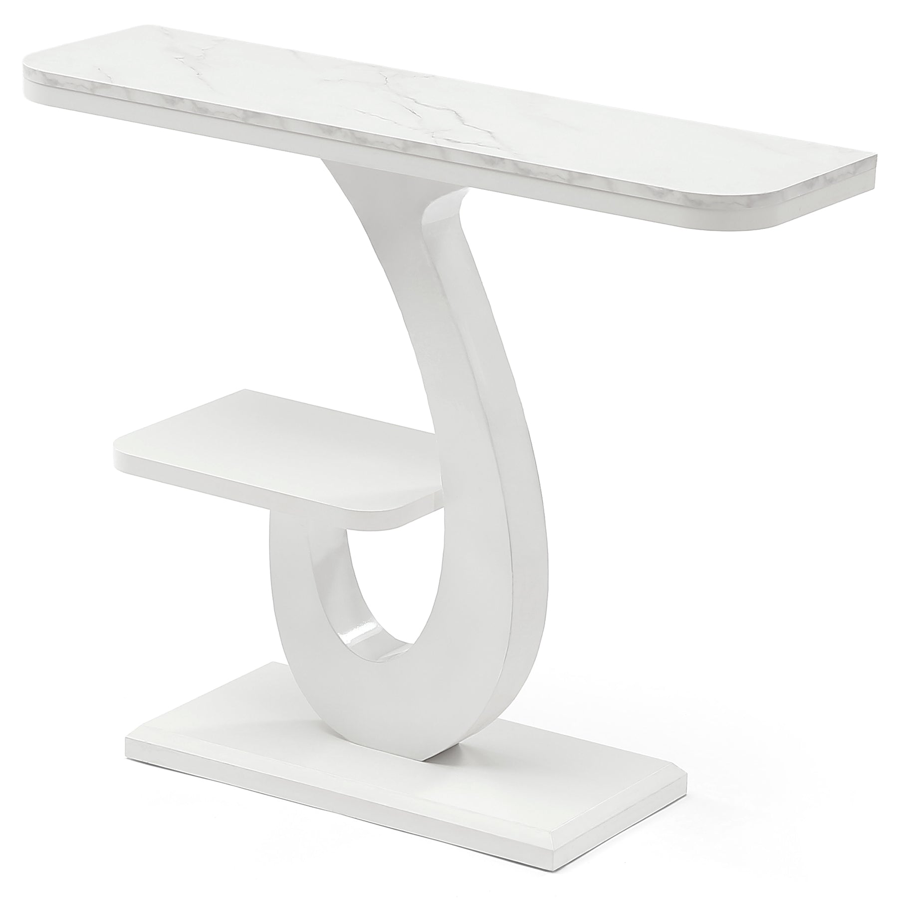 Console blanche de 100 cm, Table d'entrée étroite effet marbre avec étagère