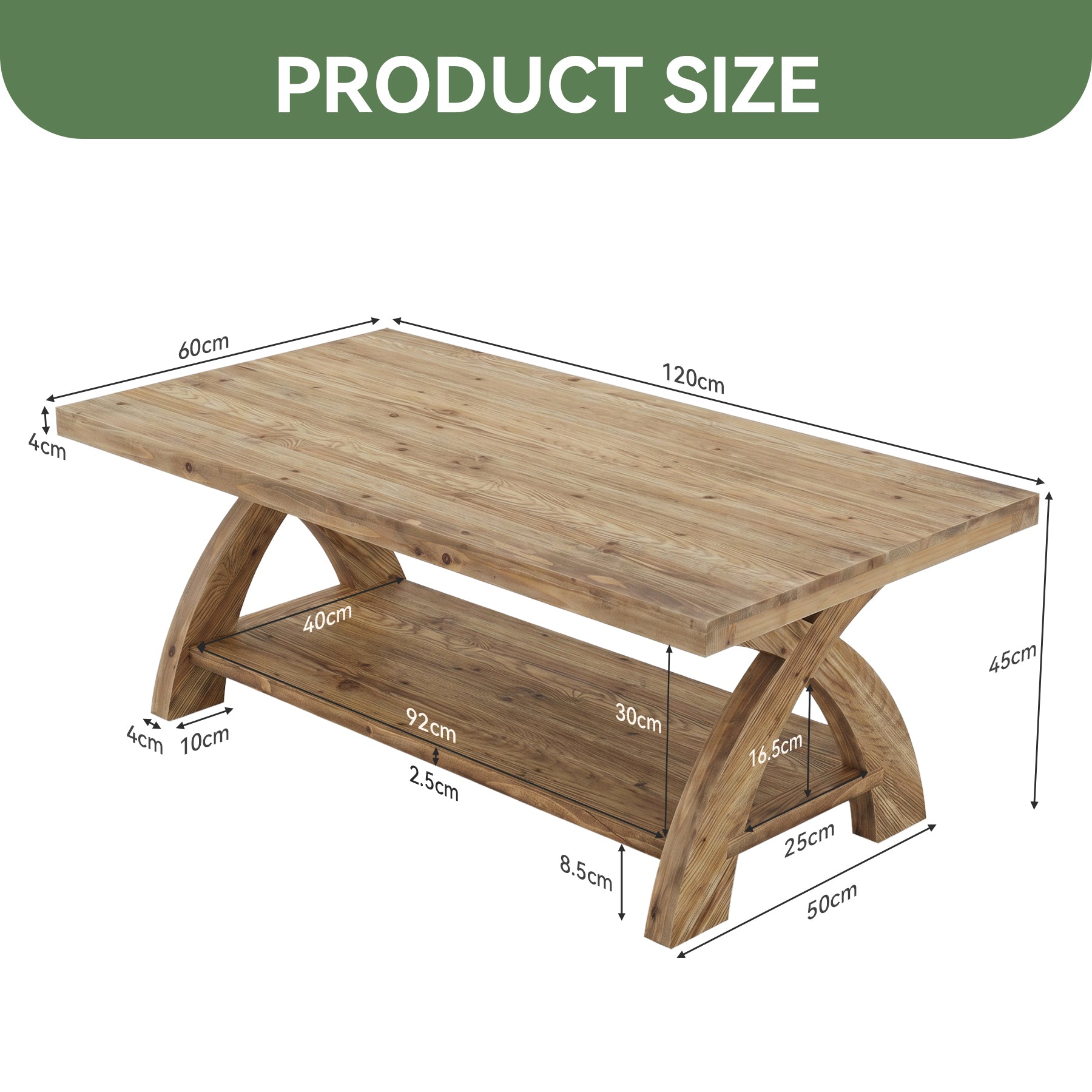 Table basse rectangulaire en bois massif avec étagère et piètement en X, idéale pour le salon
