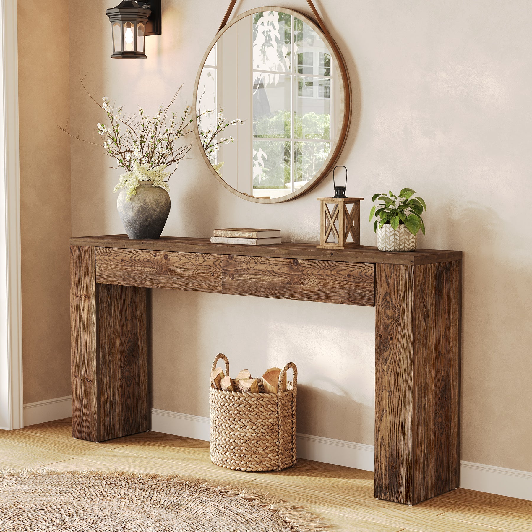 Tribesigns Console 160 cm en Bois Massif avec Tiroirs, Table Derrière Canapé