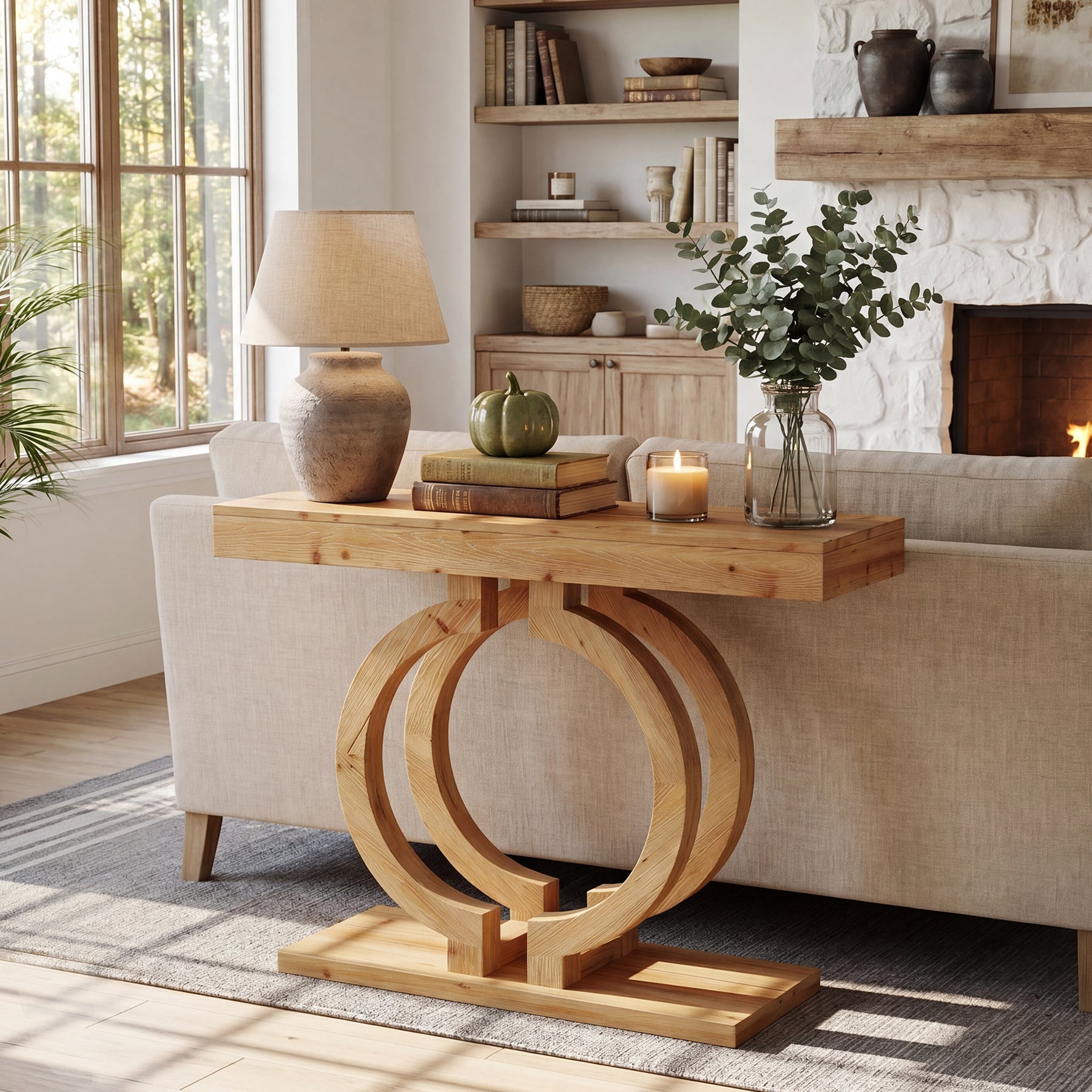 Tribesigns Console en Bois Massif 110 cm, Table de Couloir avec Base Élégante à Double Cercle