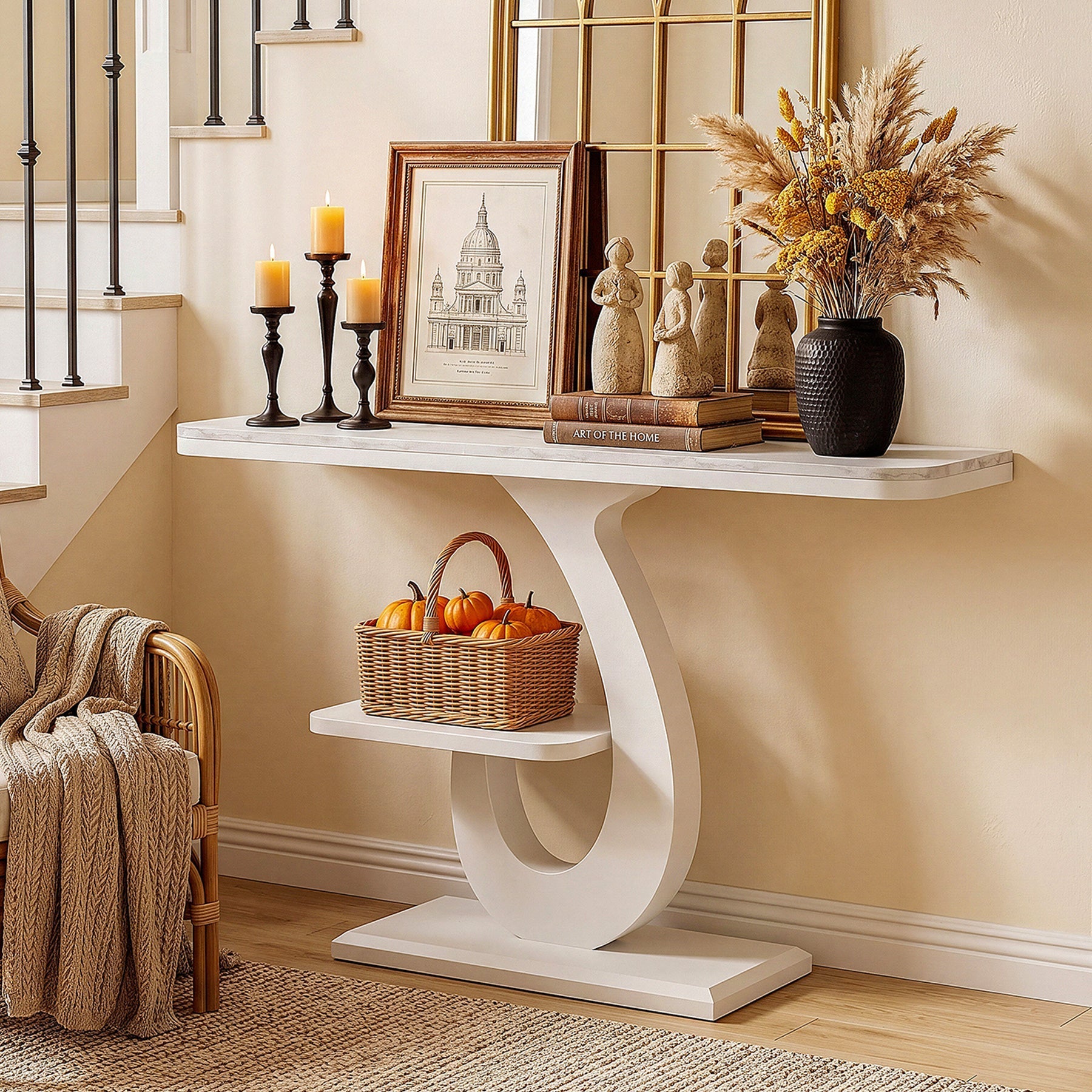 Console blanche de 100 cm, Table d'entrée étroite effet marbre avec étagère
