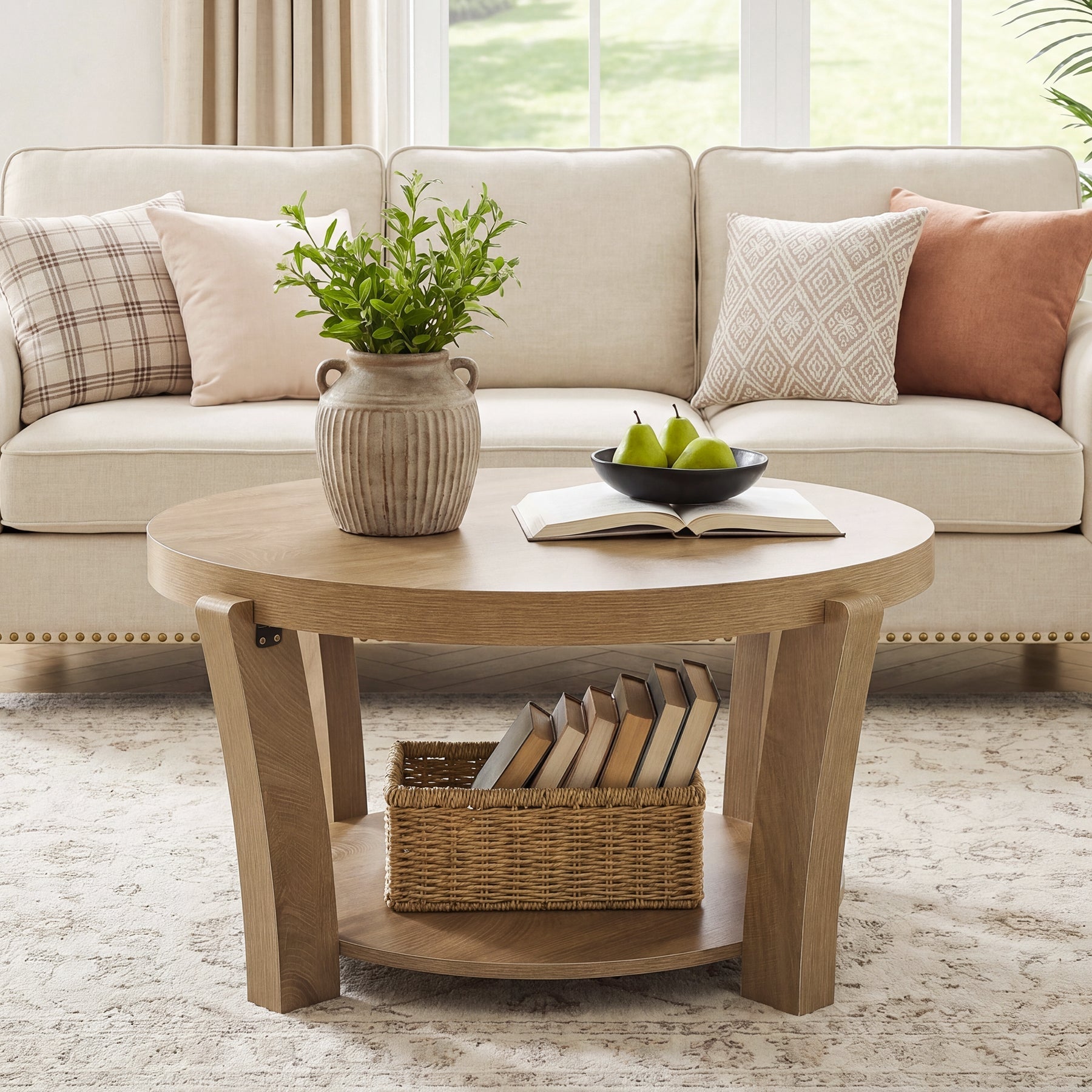 Tribesigns Table Basse Ronde de 80 cm avec Rangement à Deux Niveaux, Table en Bois pour Salon
