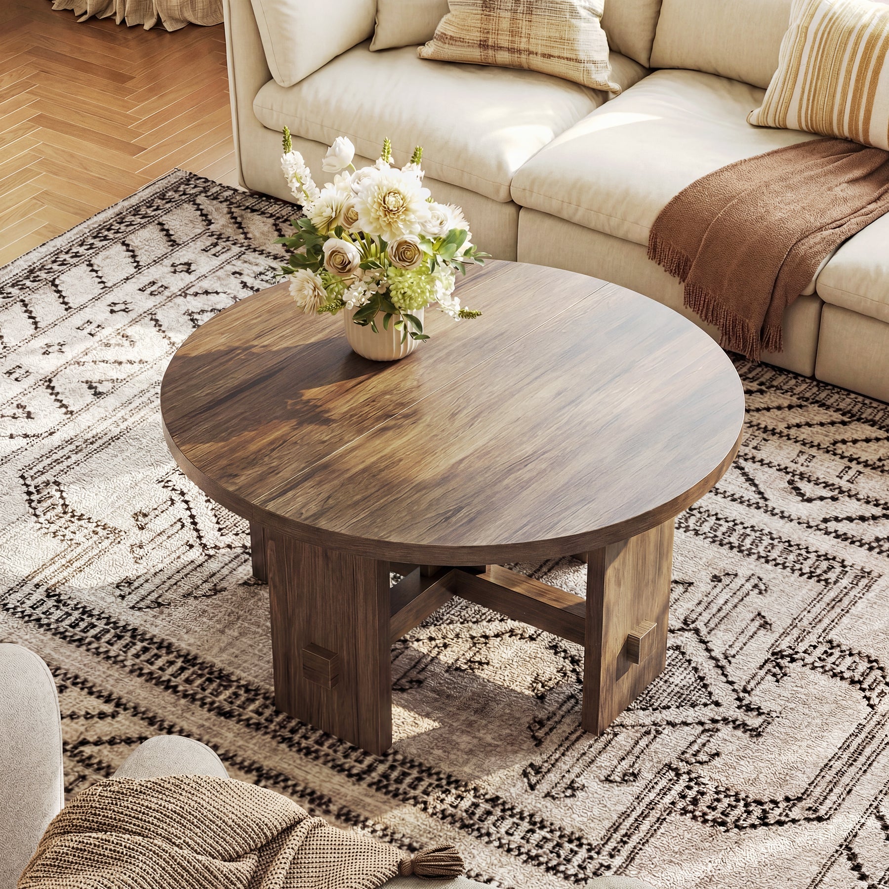 Tribesigns Table d’appoint ronde de 80 cm, table rustique avec base piédestal