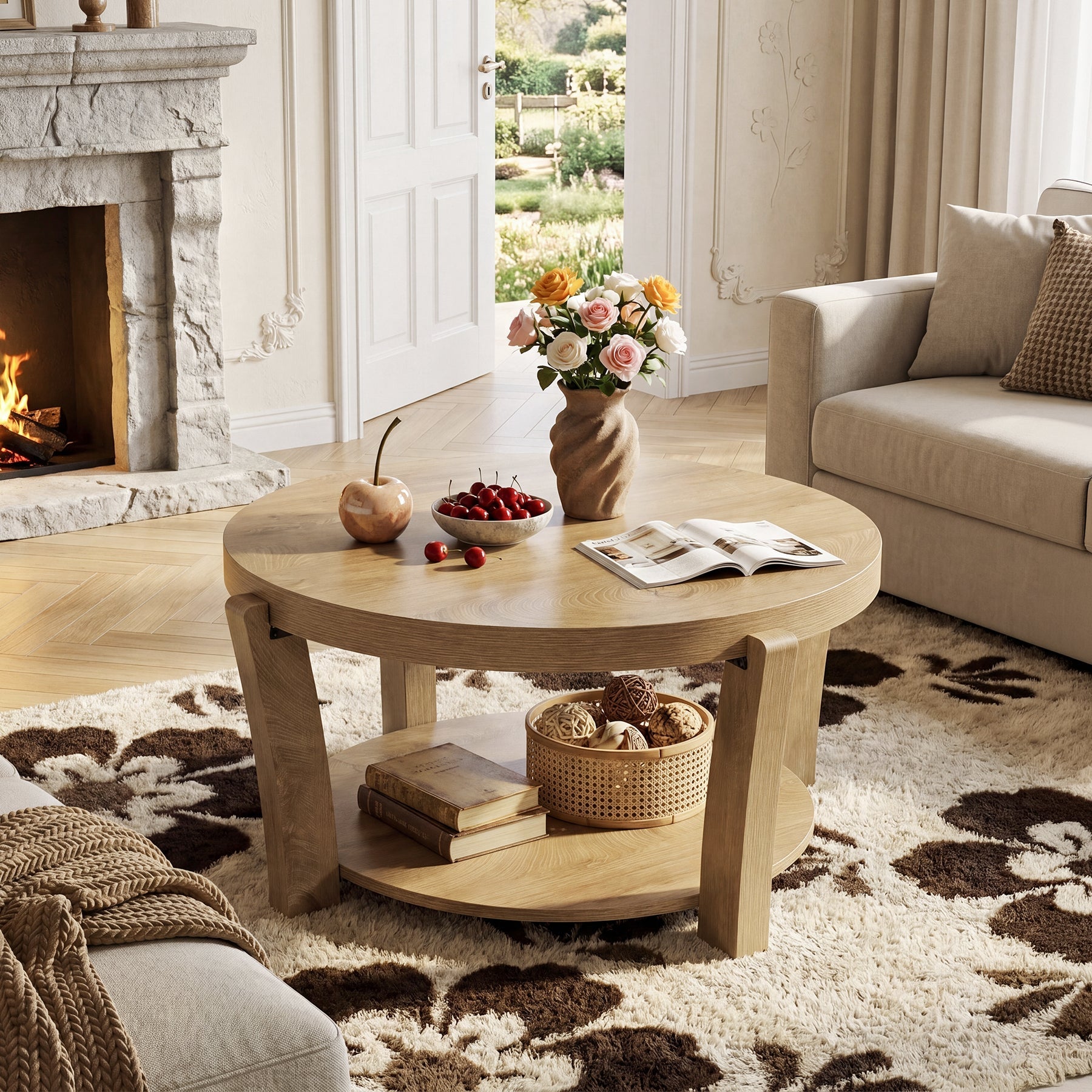 Tribesigns Table Basse Ronde de 80 cm avec Rangement à Deux Niveaux, Table en Bois pour Salon