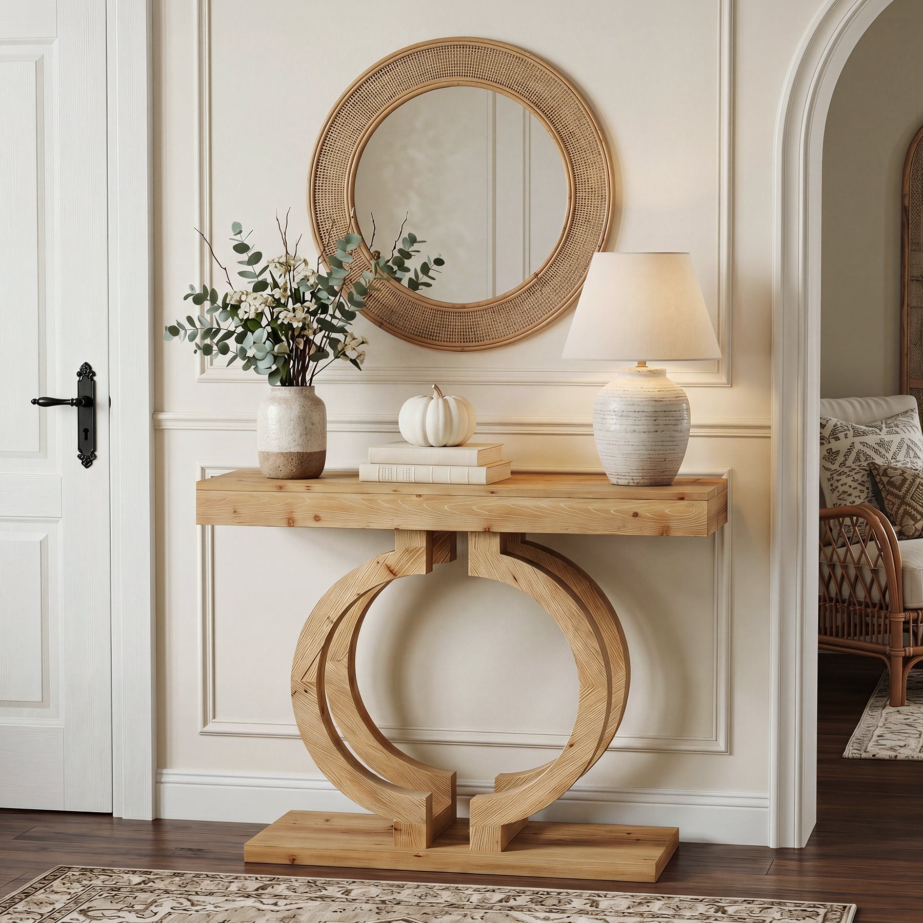 Tribesigns Console en Bois Massif 110 cm, Table de Couloir avec Base Élégante à Double Cercle
