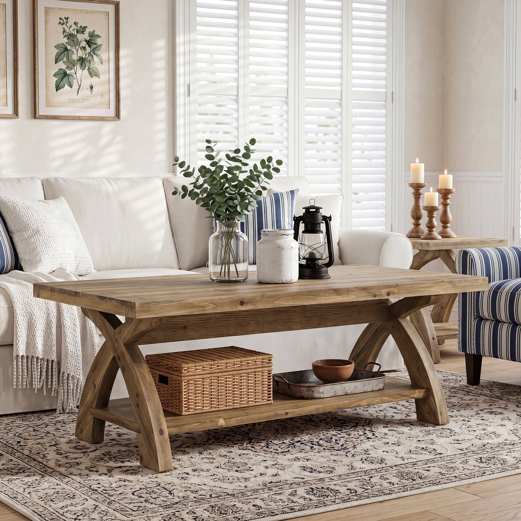 Table basse rectangulaire en bois massif avec étagère et piètement en X, idéale pour le salon