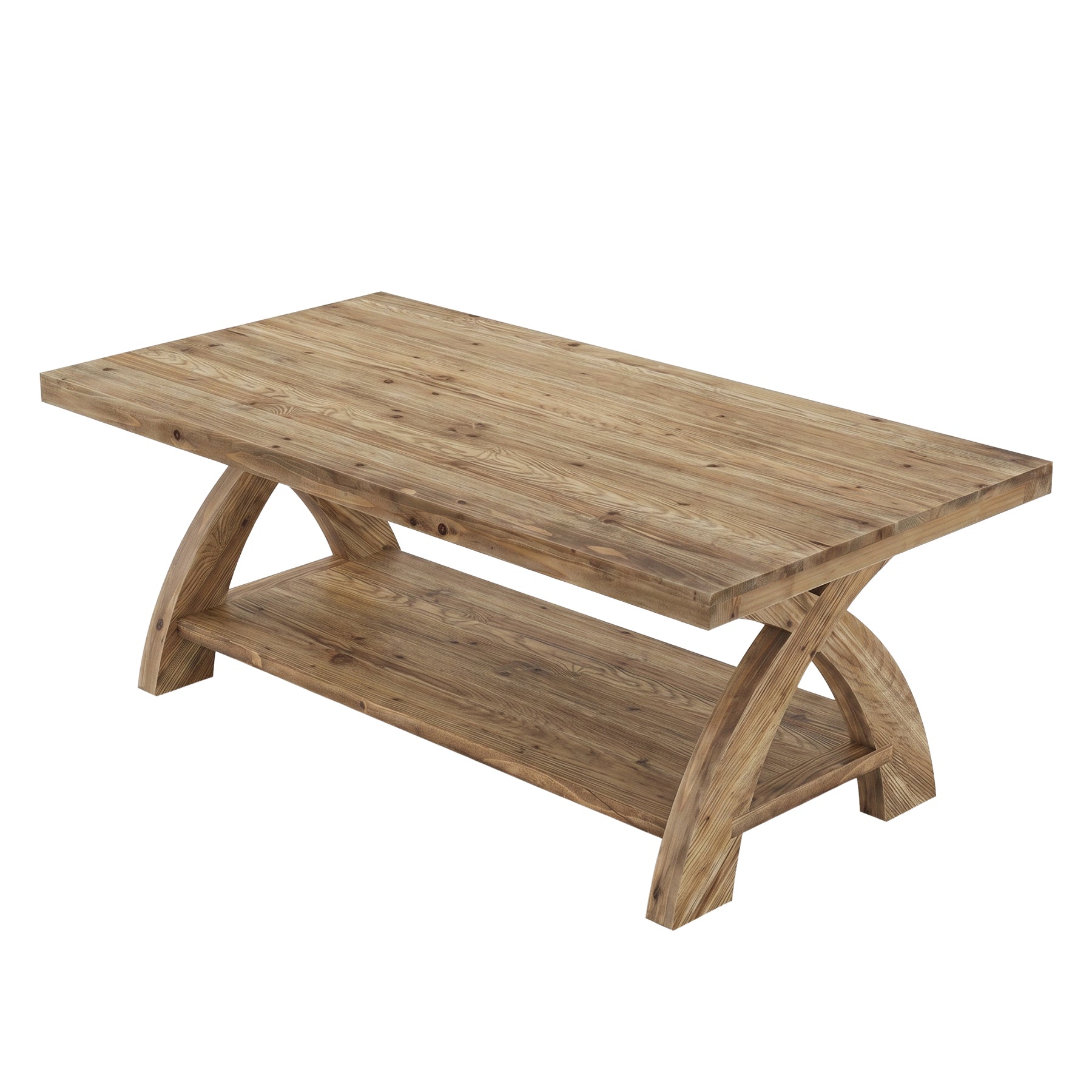 Table basse rectangulaire en bois massif avec étagère et piètement en X, idéale pour le salon