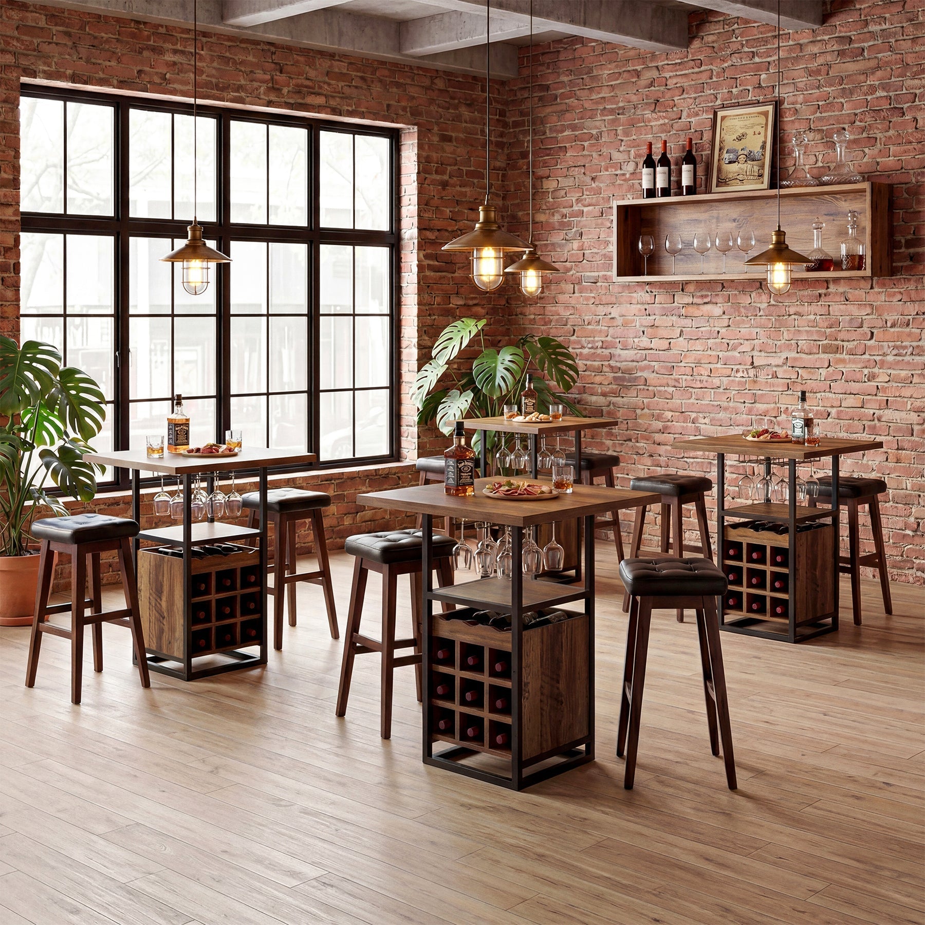 Tribesigns Bartafel 95 cm met opbergruimte, Smalle bistrotafel met schappen, wijnrek en glazenhouder