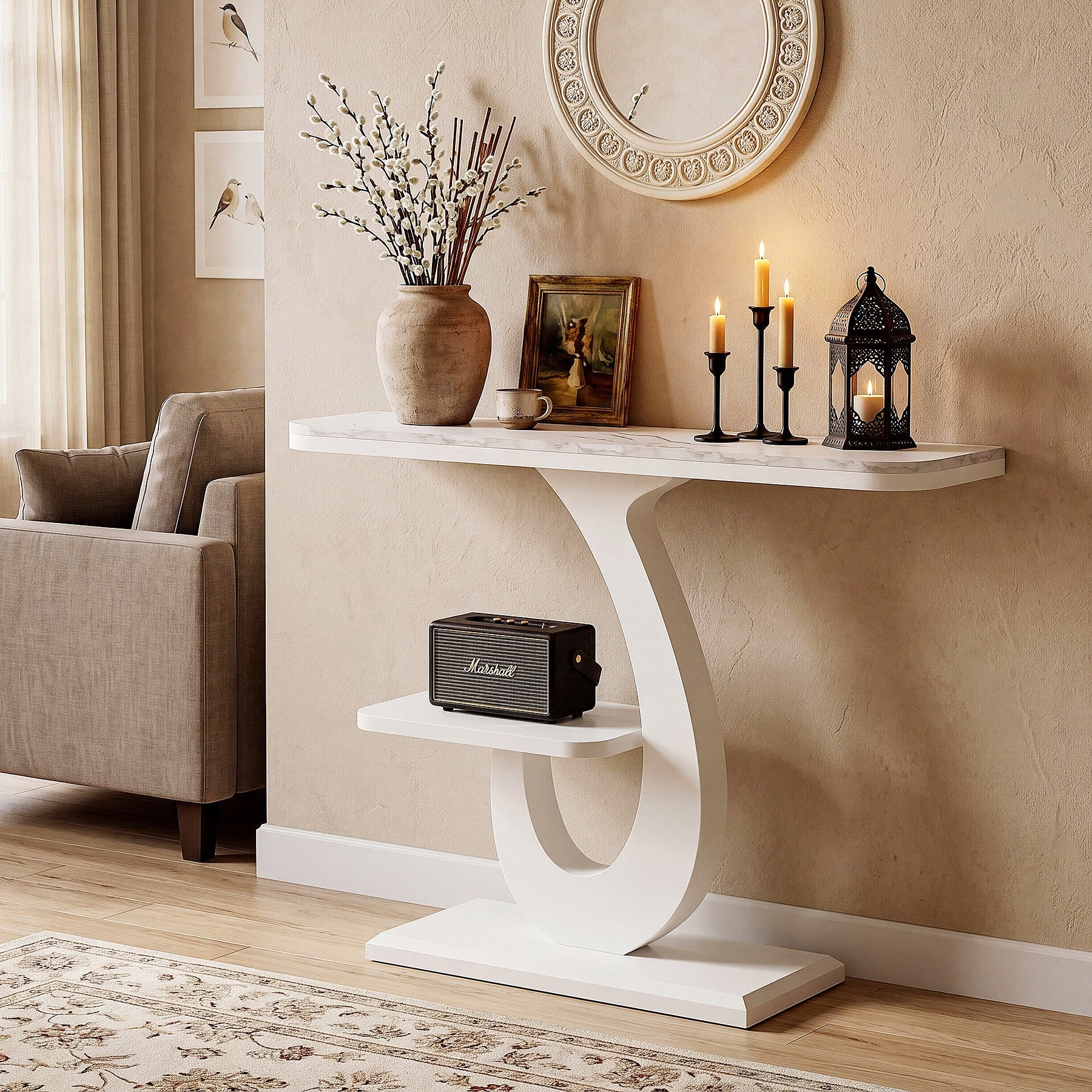 Tribesigns Console Blanche de 100 cm, Table d’Entrée Étroite Effet Marbre avec Étagère