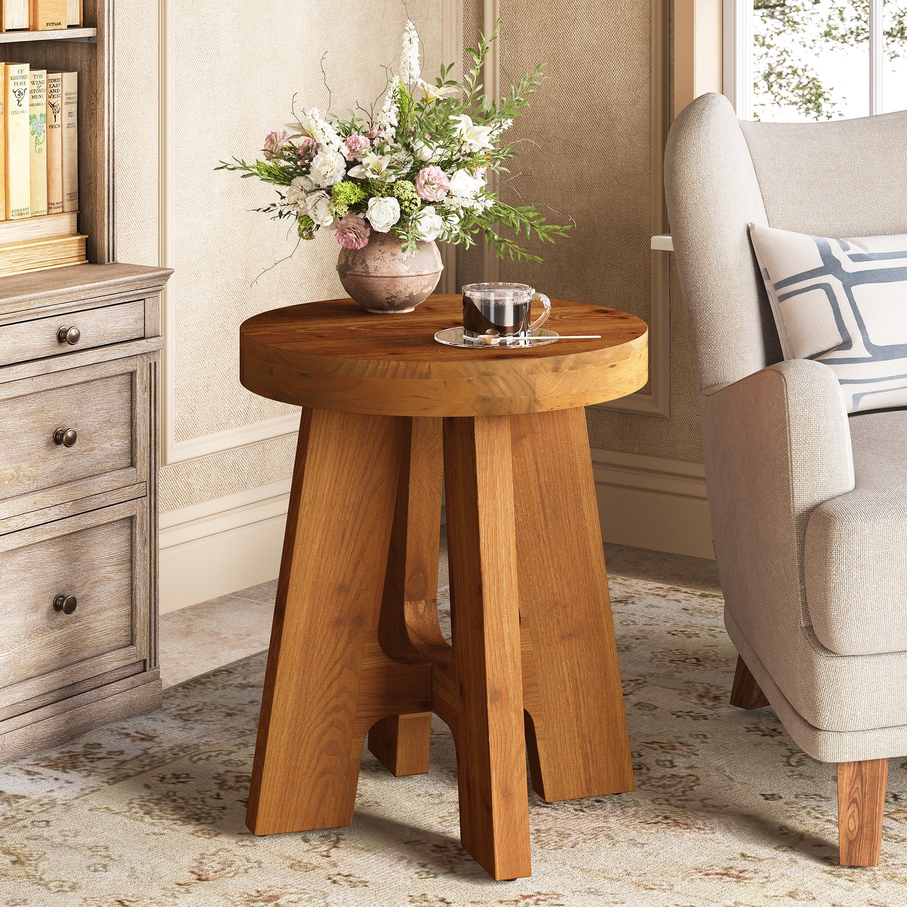 Tribesigns Tables d’Appoint Rondes en Bois Massif Style Rustique pour Salon