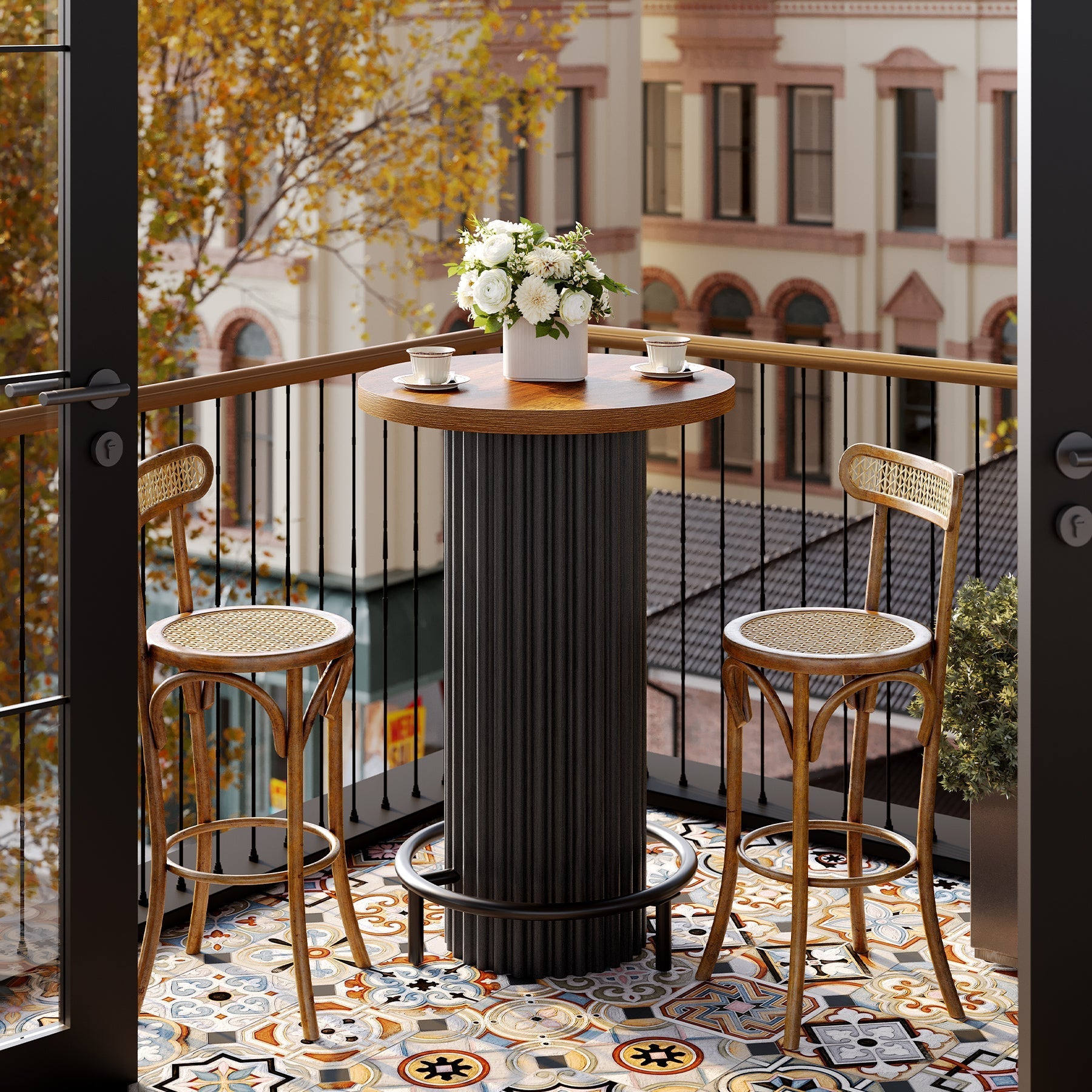 Table haute ronde (hauteur 100 cm), Table de bistrot moderne en bois avec repose-pieds en métal