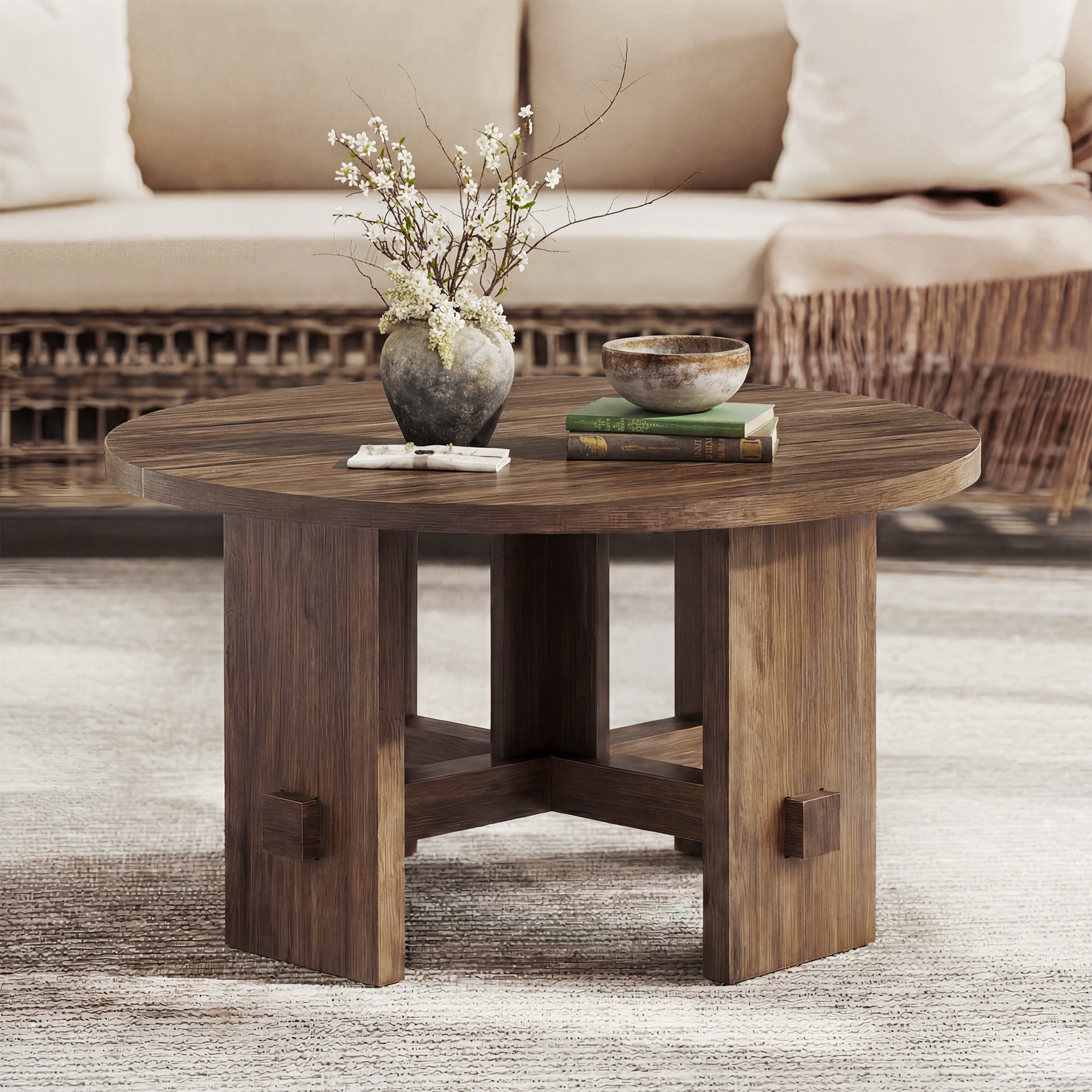 Tribesigns Table d’appoint ronde de 80 cm, table rustique avec base piédestal