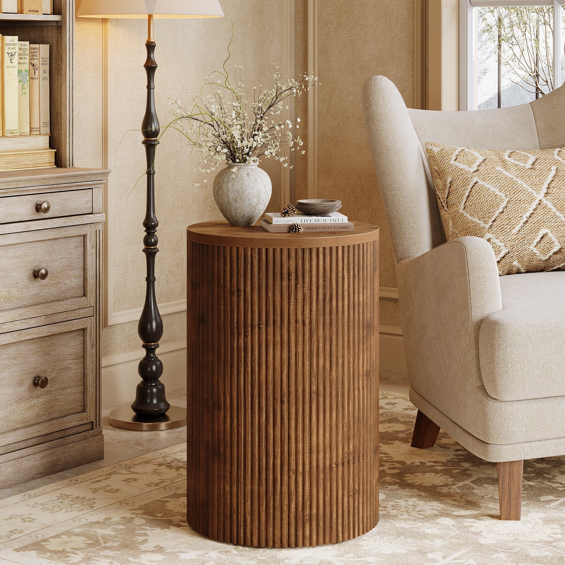 Tribesigns Table d’Appoint Ronde en Bois Massif avec Rangement et 4 Roulettes