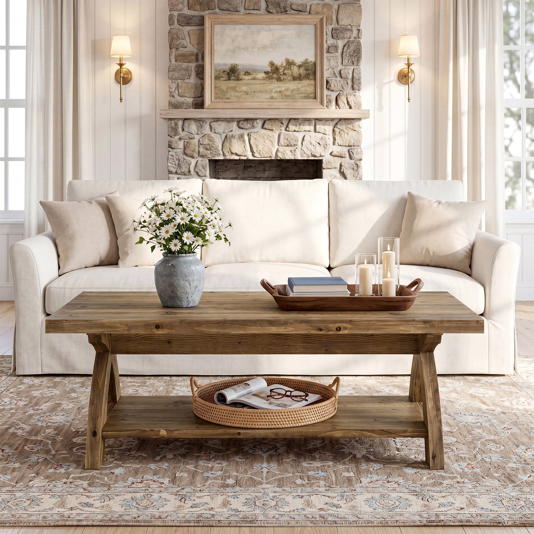 Table basse rectangulaire en bois massif avec étagère et piètement en X, idéale pour le salon