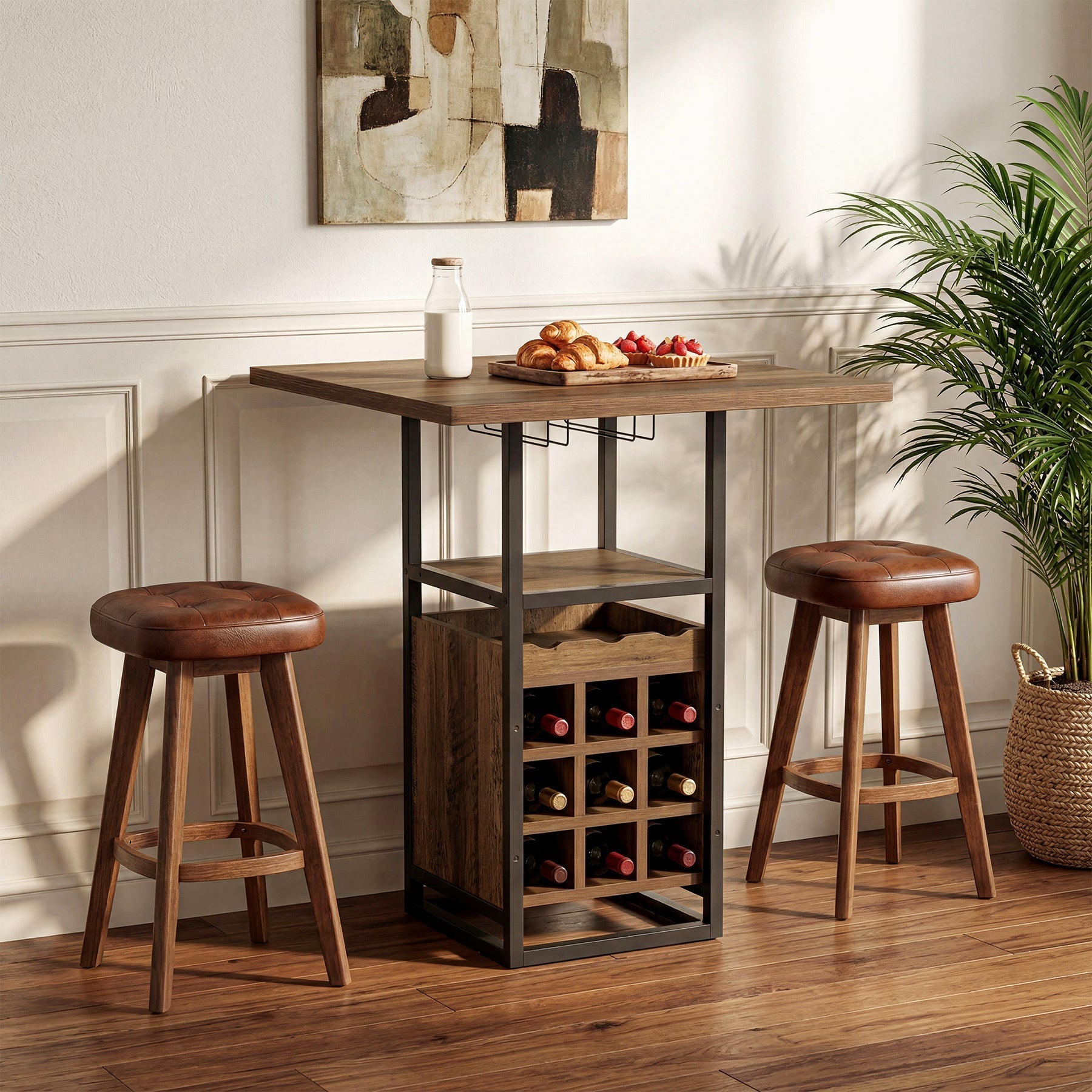 Tribesigns Bartafel 95 cm met opbergruimte, Smalle bistrotafel met schappen, wijnrek en glazenhouder