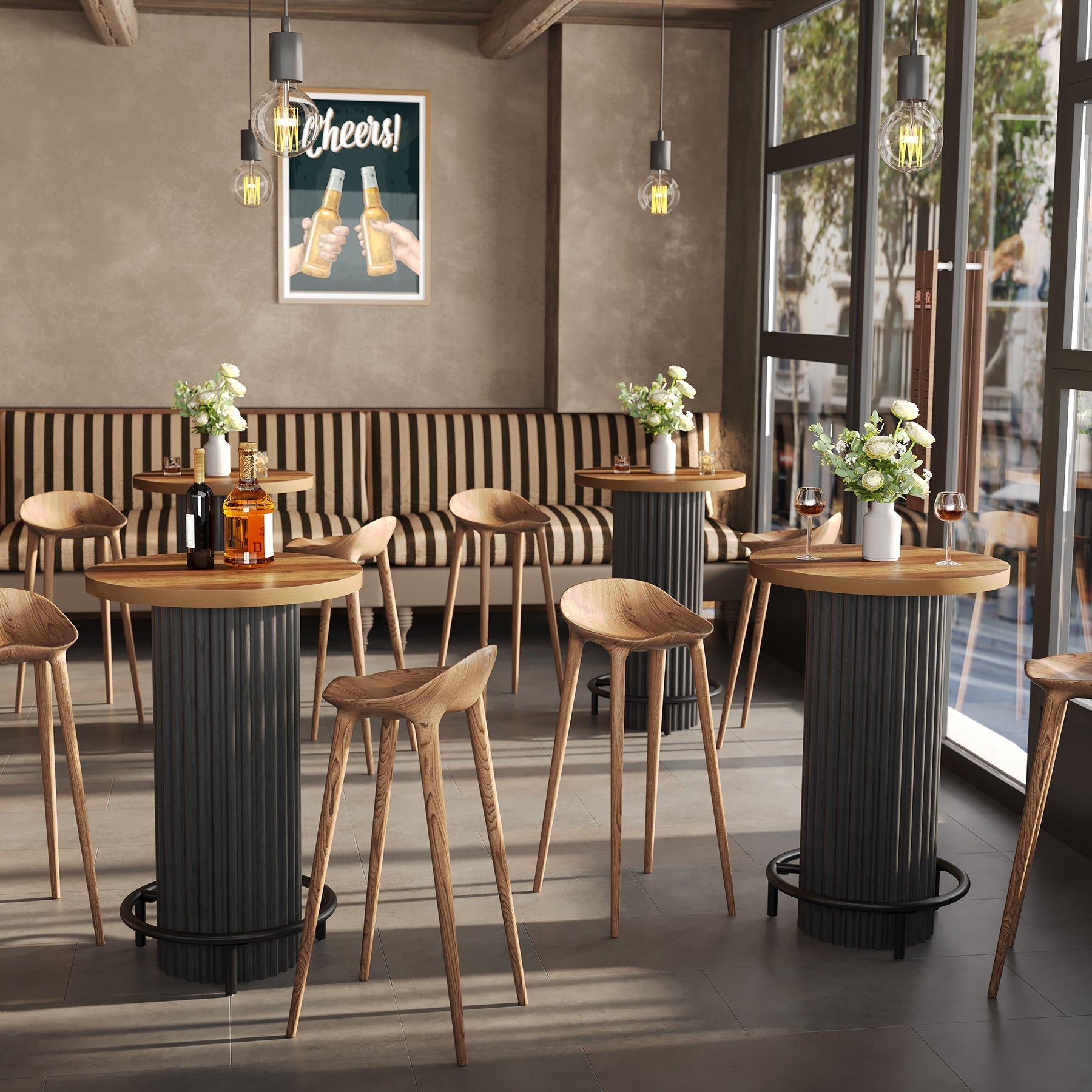 Table haute ronde (hauteur 100 cm), Table de bistrot moderne en bois avec repose-pieds en métal