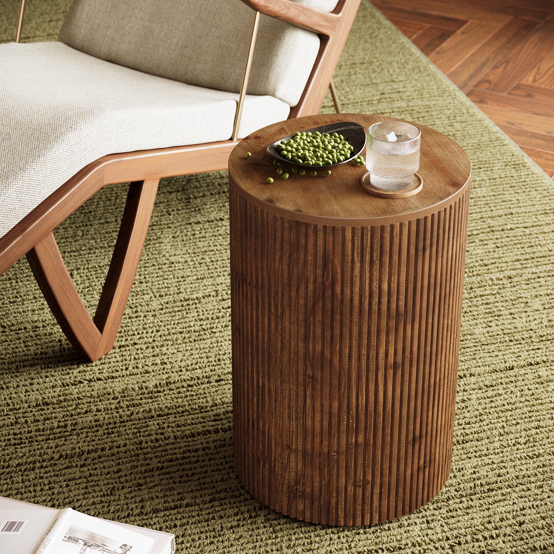Tribesigns Table d’Appoint Ronde en Bois Massif avec Rangement et 4 Roulettes