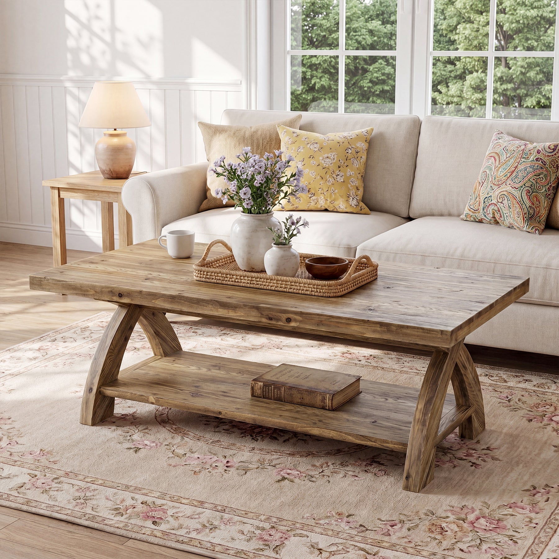 Table basse rectangulaire en bois massif avec étagère et piètement en X, idéale pour le salon