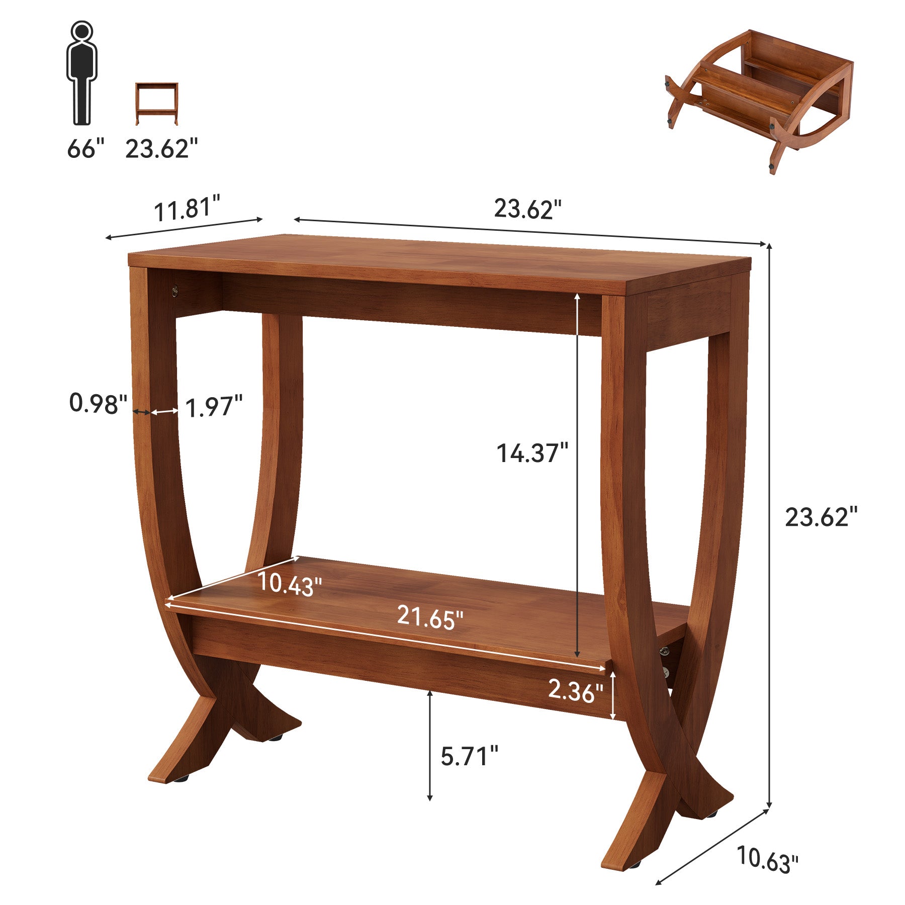 Tribesigns Table d’Appoint en Bois Massif avec Étagère, Table de Chevet Étroite à Structure Cintrée