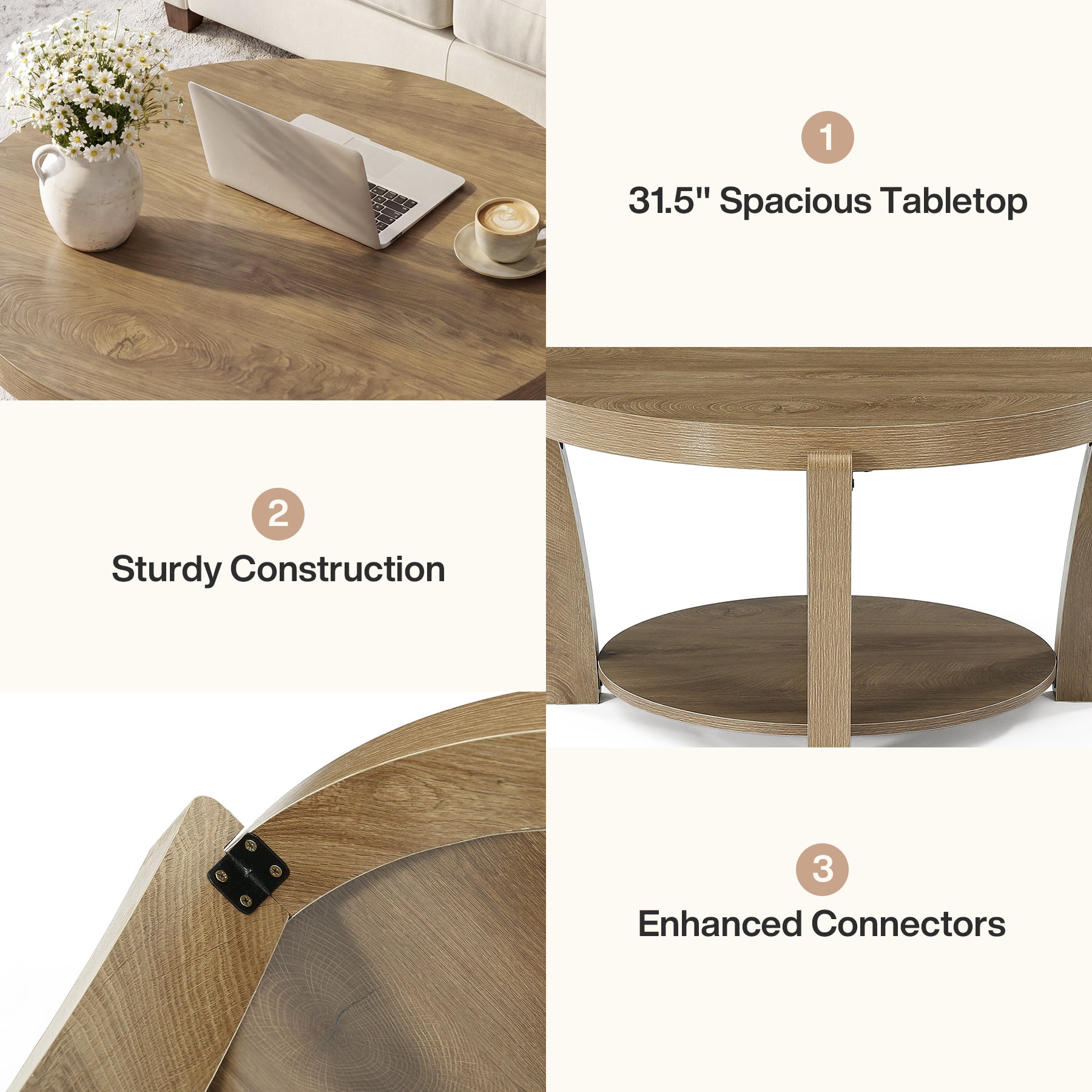 Tribesigns Table Basse Ronde de 80 cm avec Rangement à Deux Niveaux, Table en Bois pour Salon