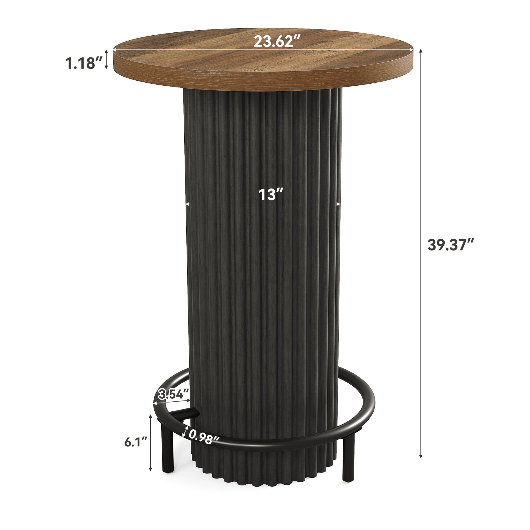 Table haute ronde (hauteur 100 cm), Table de bistrot moderne en bois avec repose-pieds en métal