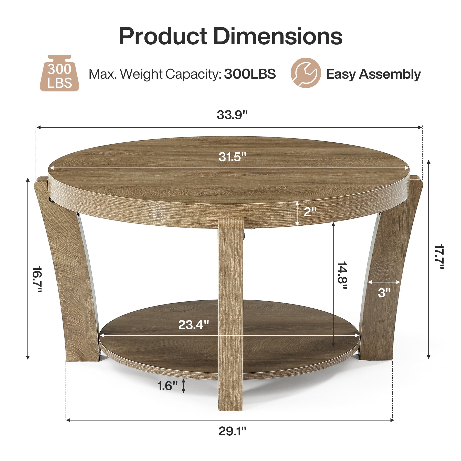 Tribesigns Table Basse Ronde de 80 cm avec Rangement à Deux Niveaux, Table en Bois pour Salon