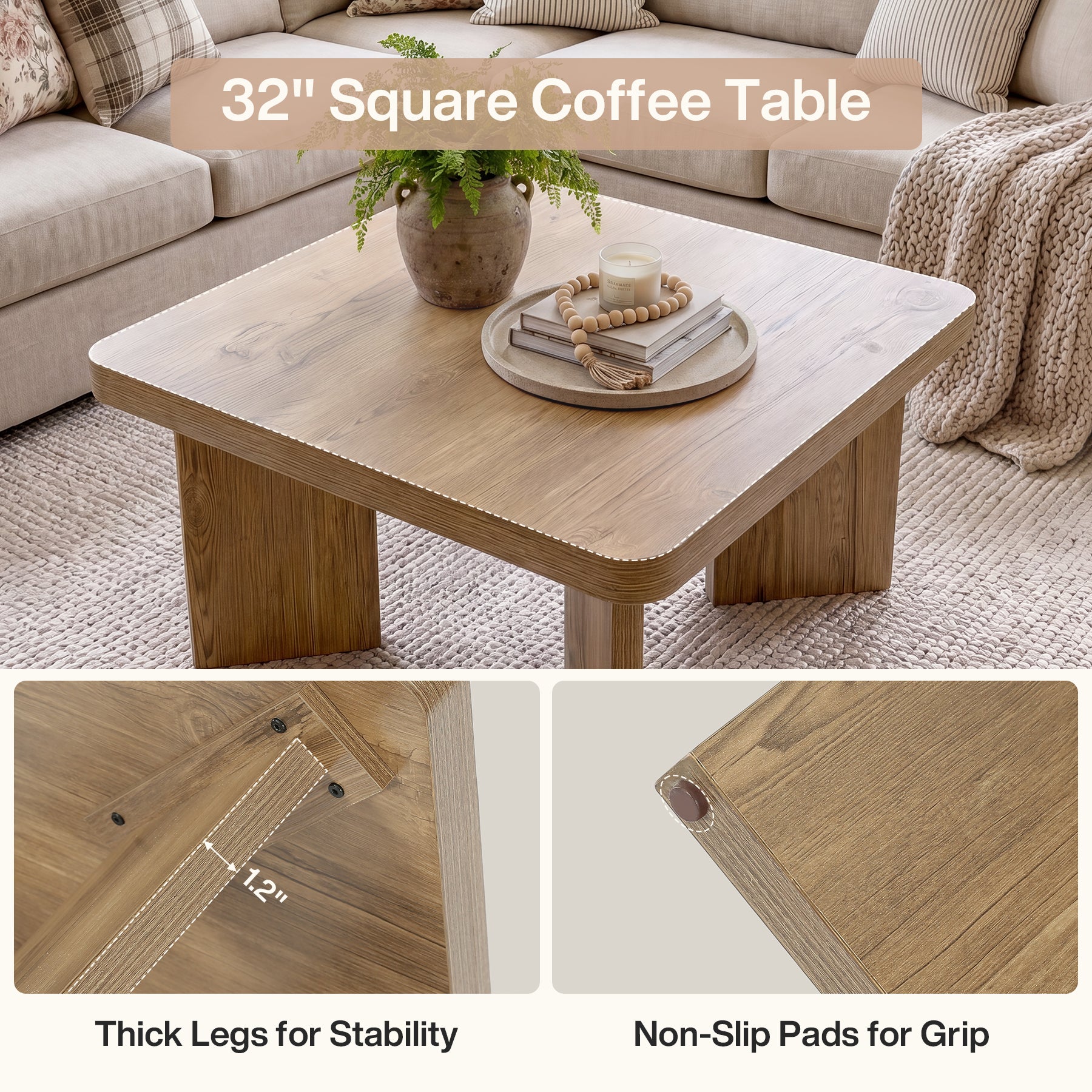 Tribesigns Table Basse en Bois 80 cm, Petite Table d’Appoint Rustique à Pieds Robustes
