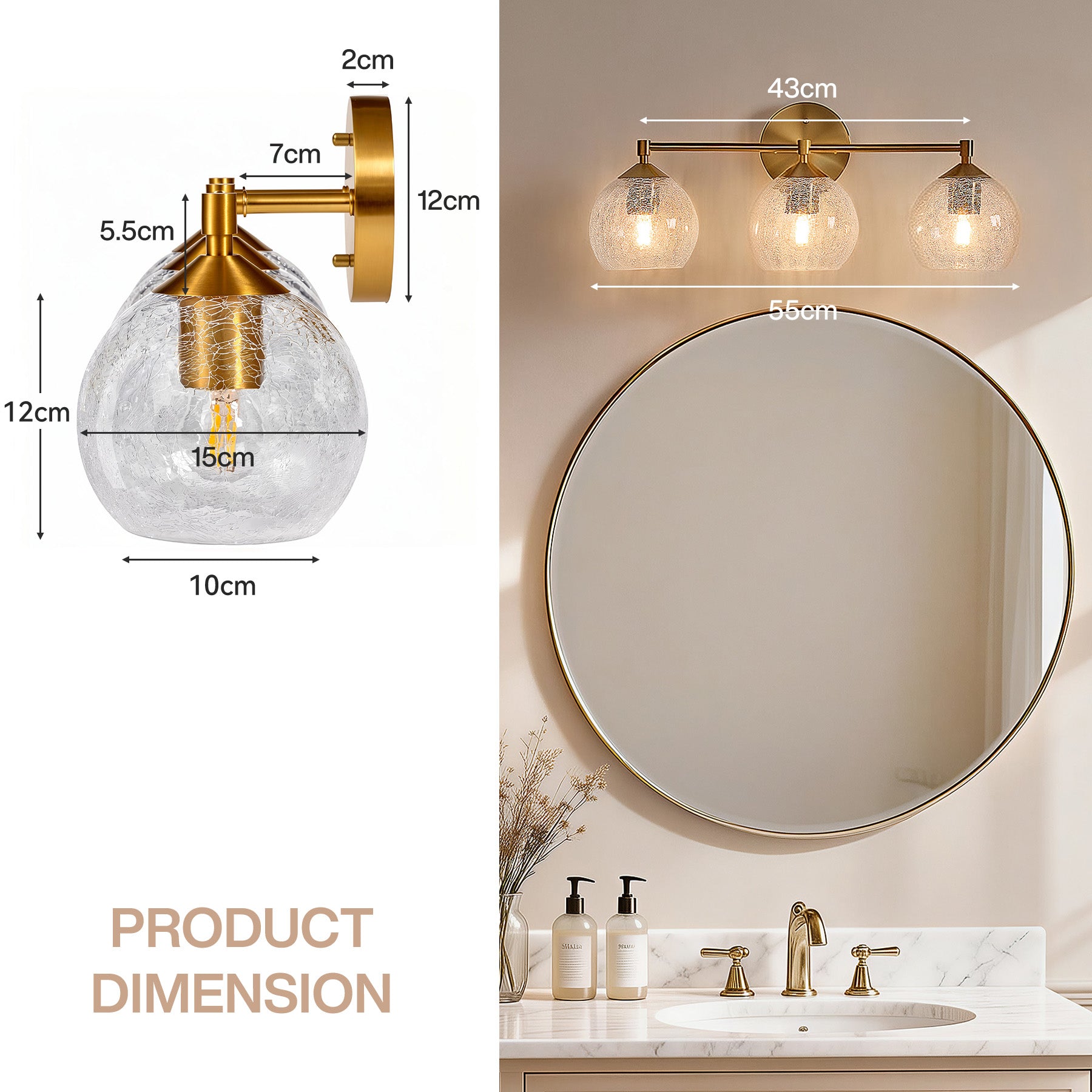 Tribesigns Applique murale dorée pour salle de bain à 3 lumières avec globes en verre craquelé