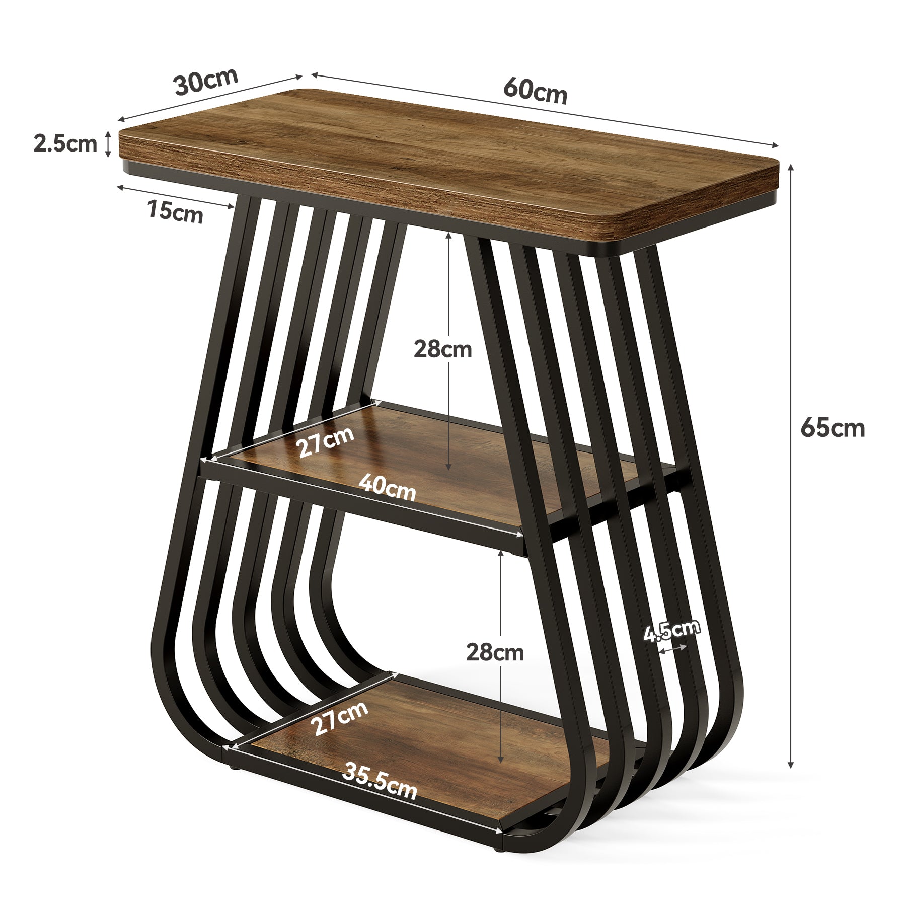 Table d'appoint à 3 niveaux, Table de chevet étroite pour petites chambres Table basse en bois de style industriel