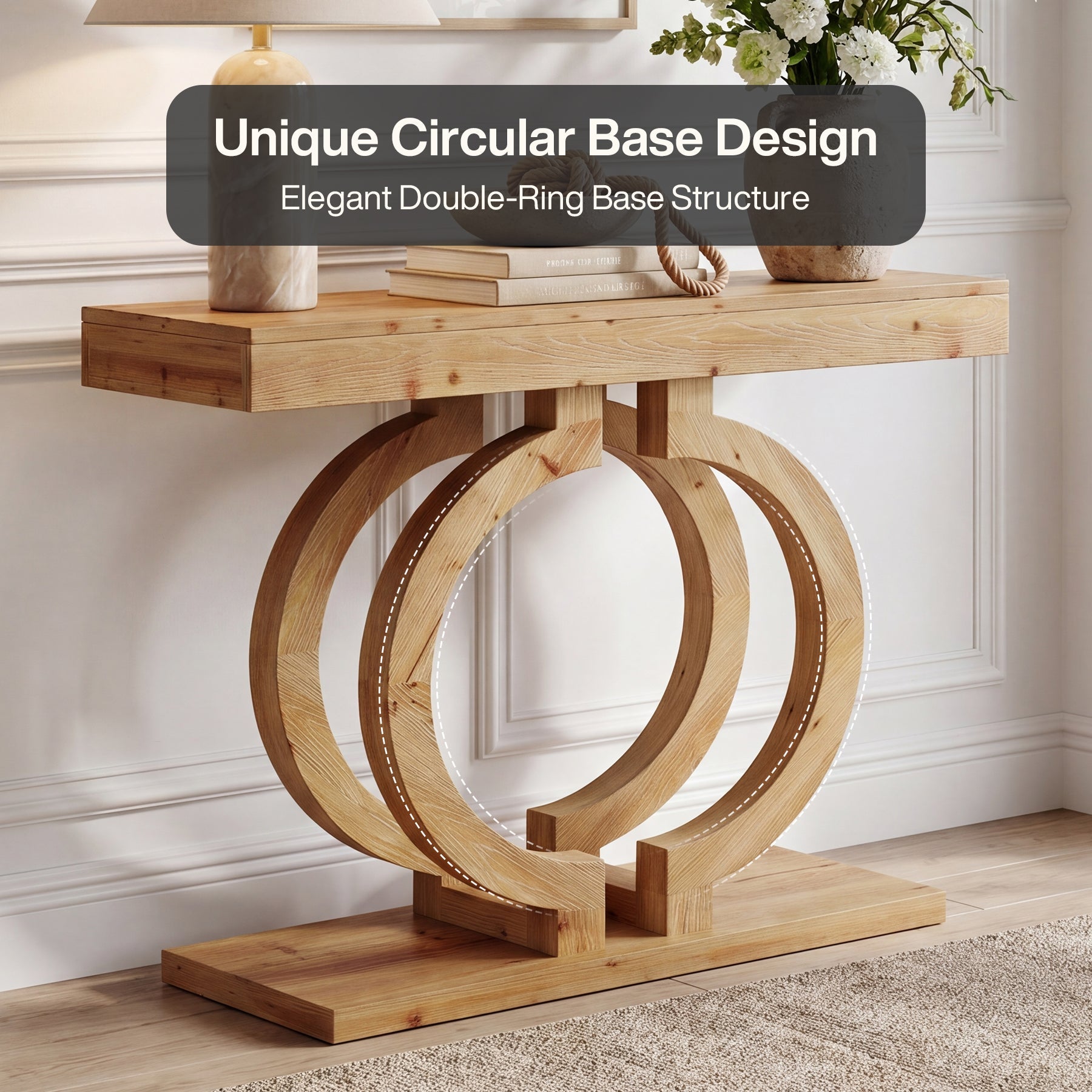 Tribesigns Console en Bois Massif 110 cm, Table de Couloir avec Base Élégante à Double Cercle