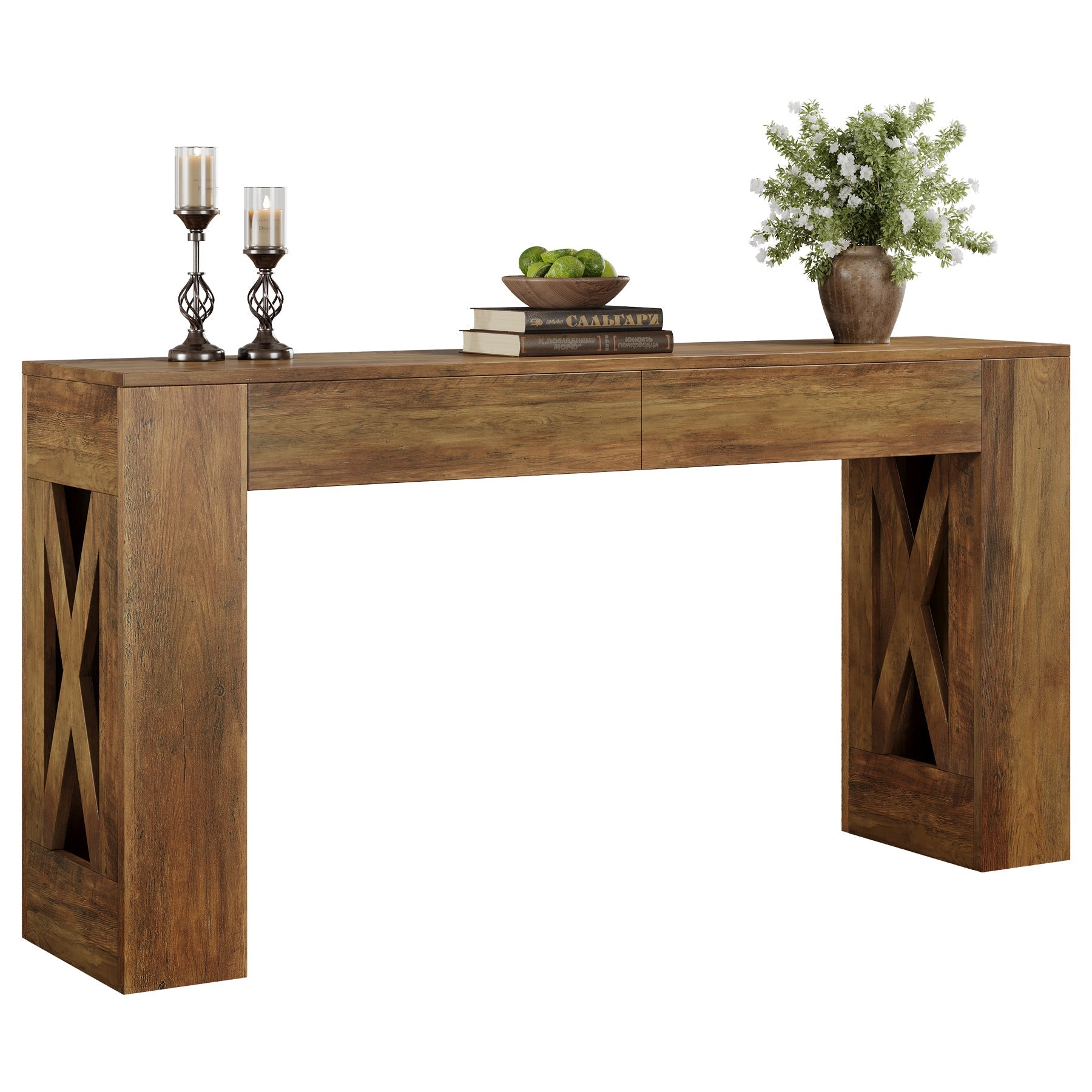 Tribesigns Console de style maison de campagne de 160 cm, Table d'entrée étroite avec 2 tiroirs et pieds en X