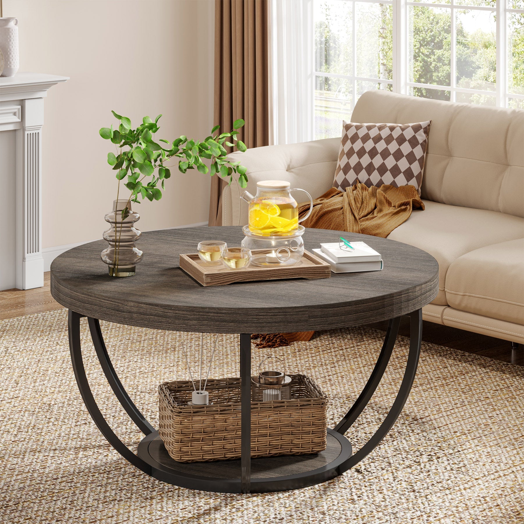 Tribesigns Table basse ronde, Table basse ovale en bois et metal noir