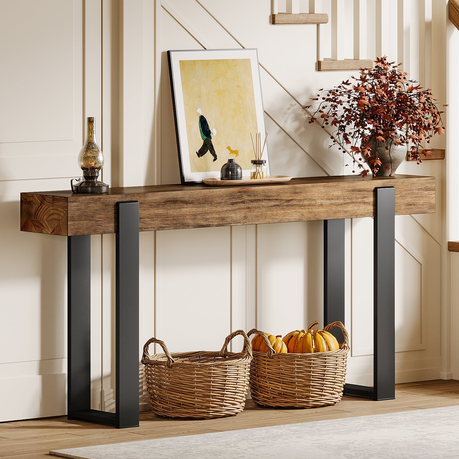 Tribesigns Console en bois massif avec pieds en métal (160 x 30 cm)