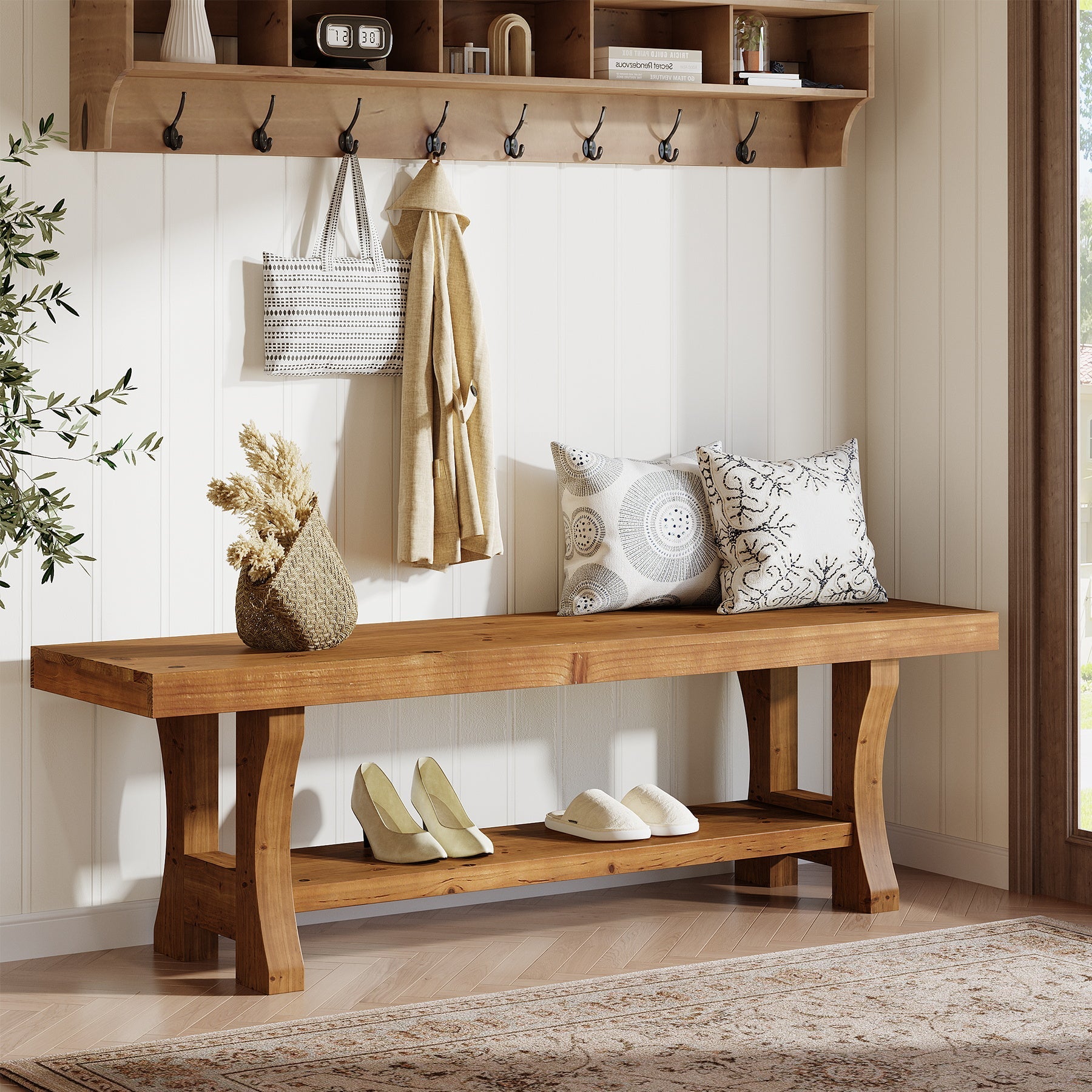 Tribesigns Banc en Bois Massif de 140 cm, Long Banc Style Rustique avec Rangement
