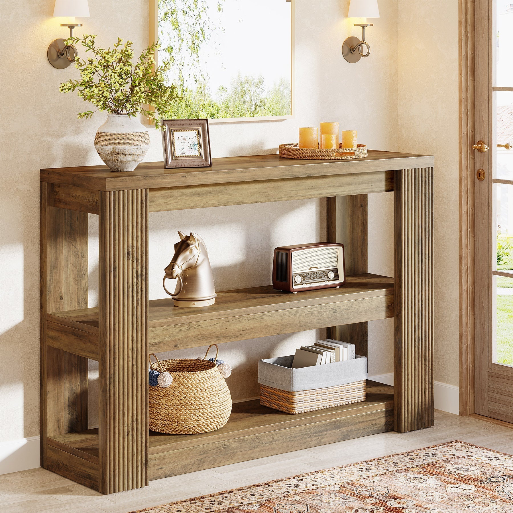 Tribesigns Console étroite 105 cm, Table basse de style campagnard à 3 niveaux avec étagères