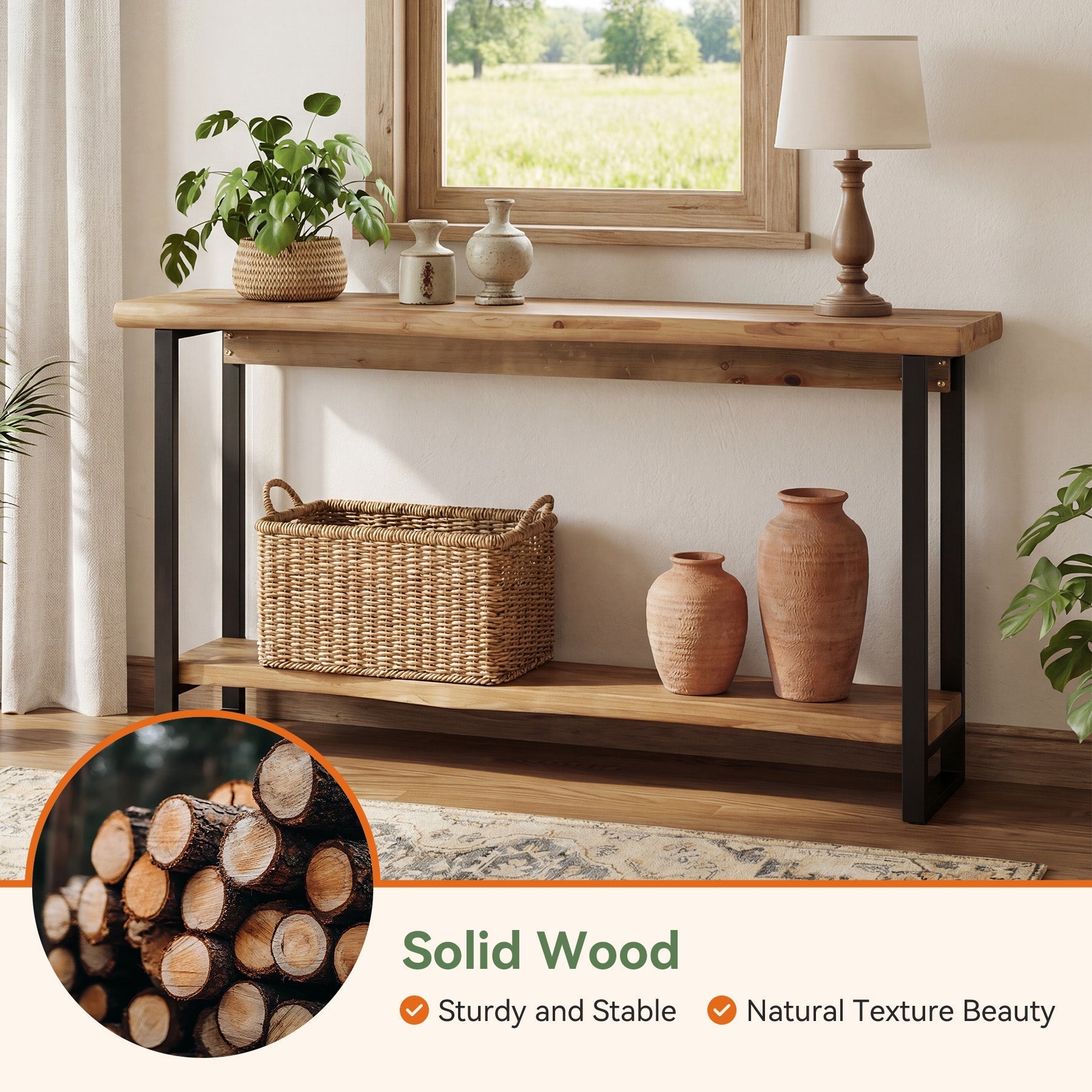 Tribesigns Console en bois massif de 160 cm avec bord naturel, Table basse à deux niveaux